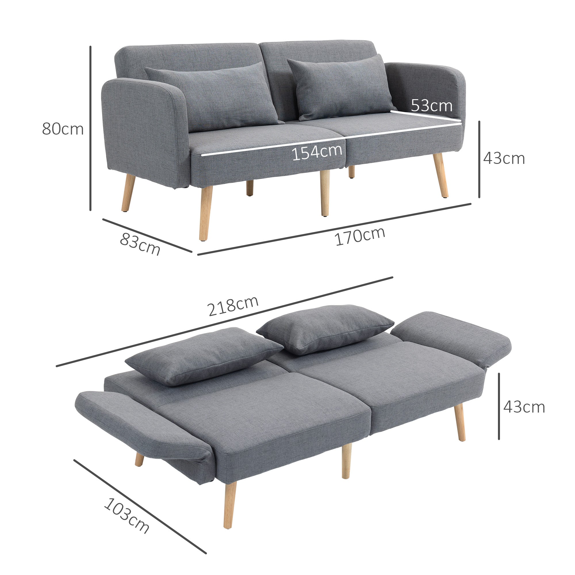 HOMCOM 3/2 Seater Sofa Bed, Convertible Bed Settee, Modern Fabric Loveseat Sofa Couch with 2 Cushions for Living Room, Guest Room, Grey