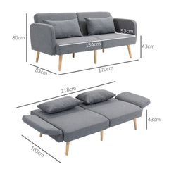HOMCOM 3/2 Seater Sofa Bed, Convertible Bed Settee, Modern Fabric Loveseat Sofa Couch with 2 Cushions for Living Room, Guest Room, Grey