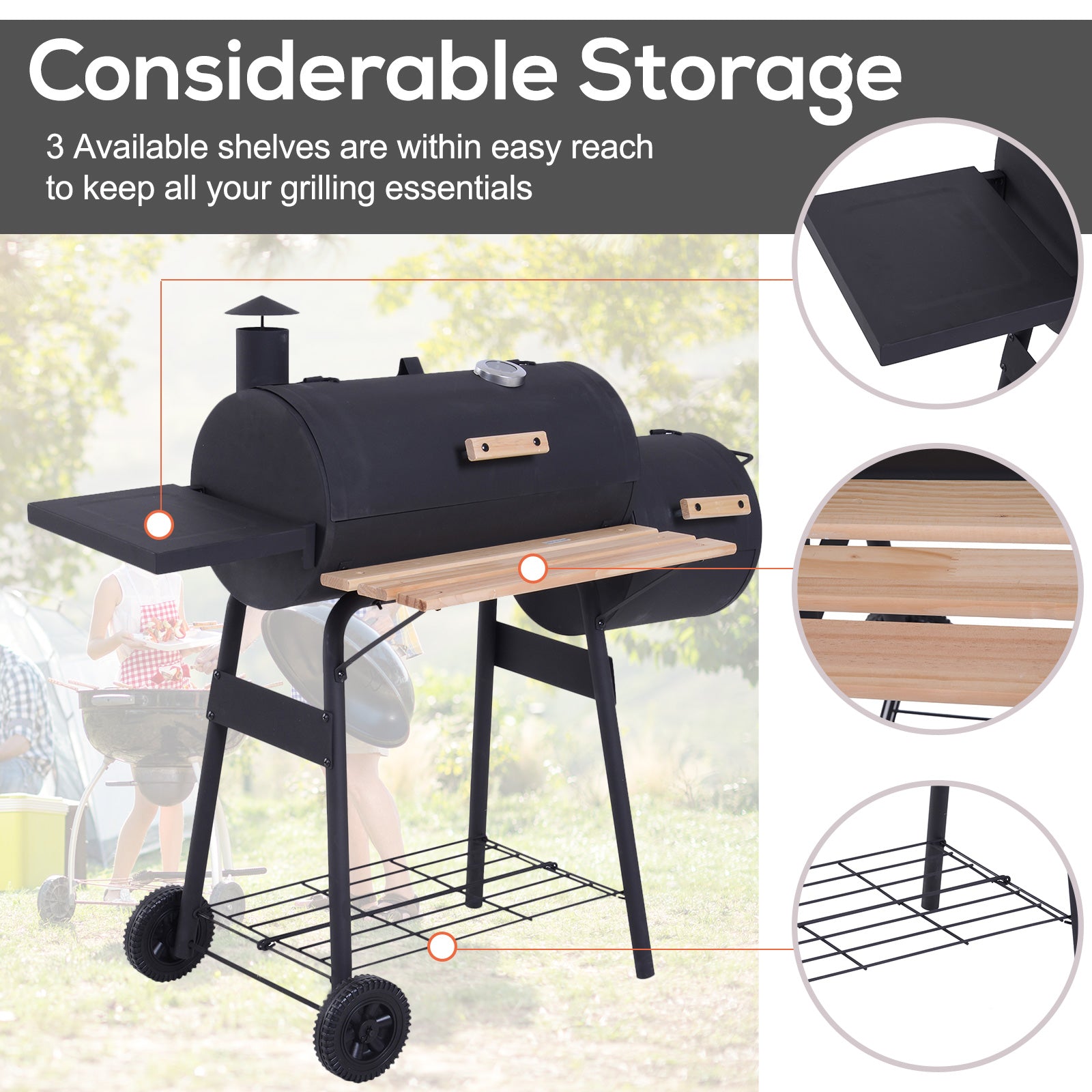 Kozy Portable Charcoal BBQ Grill, Cold-rolled Steel, Solid Wood, 104H x 124L x53W cm-Black