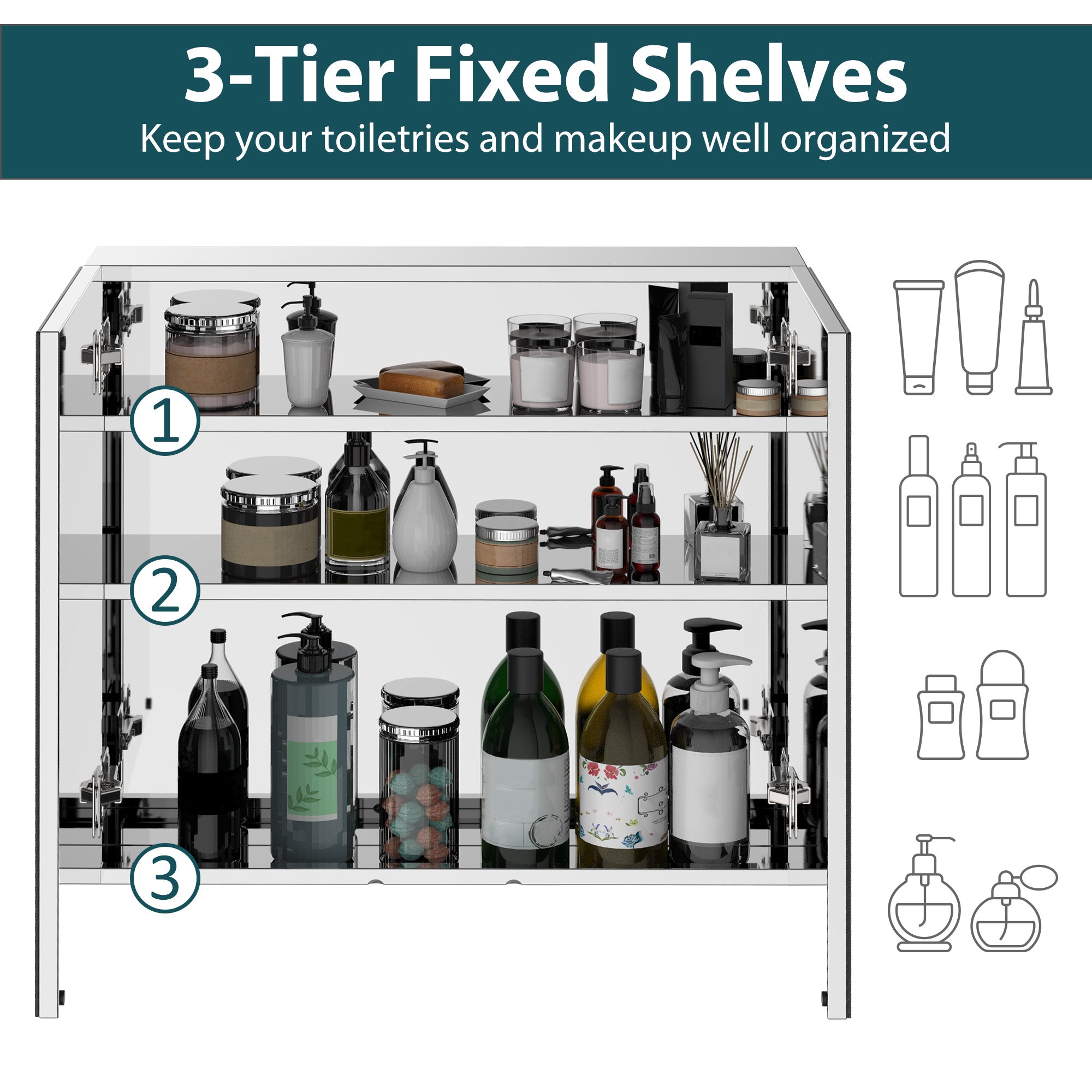 Kozy Bathroom Mirror Cabinet, Stainless Steel Wall Mounted  Bathroom Storage Cabinet with Double Doors, 60x55cm