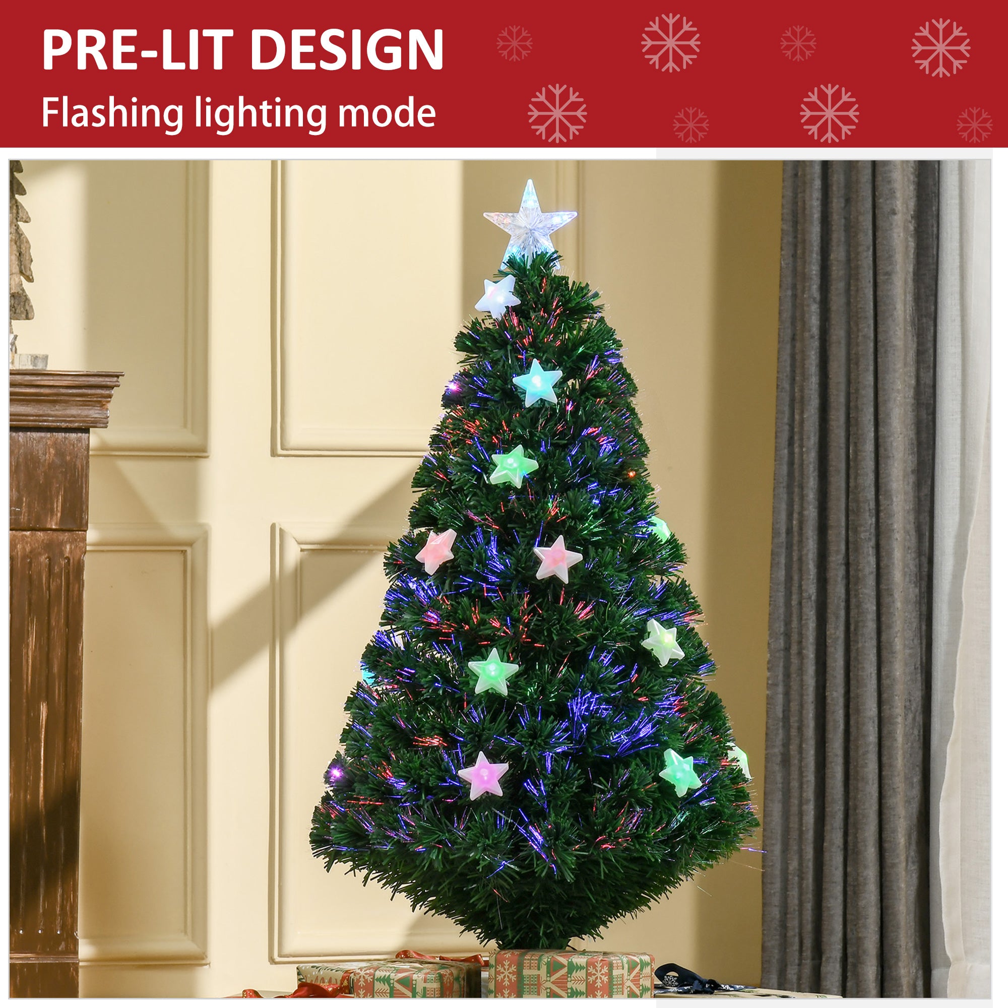 Kozy - 4FT Prelit Artificial Christmas Tree Fibre Optic Star LED Light Holiday Home Xmas Decoration with LED Light for Indoor Party, Green