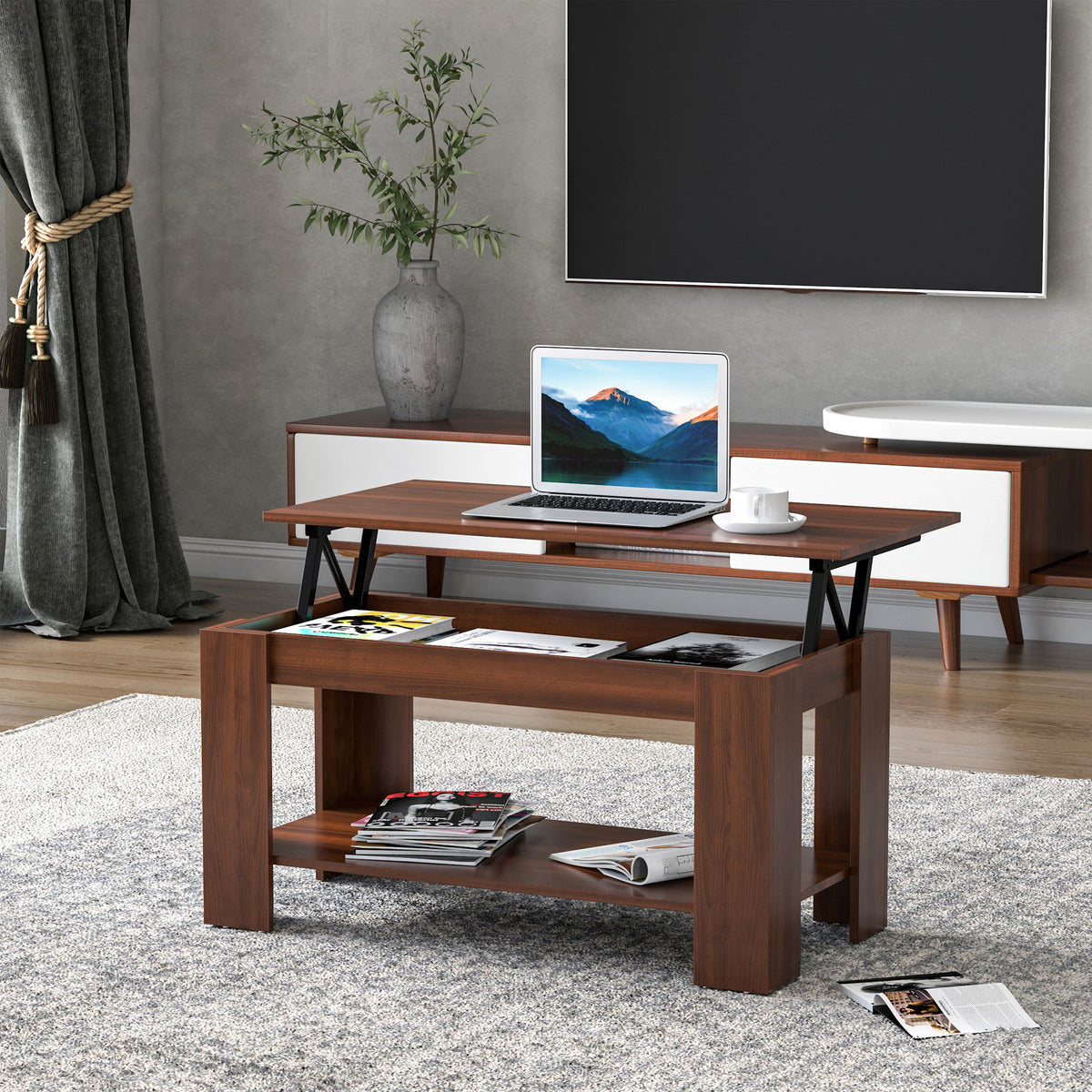 HOMCOM Modern Lift Up Top Coffee Table Desk Hidden Storage Bottom Shelf  100W x 50D x 63H cm