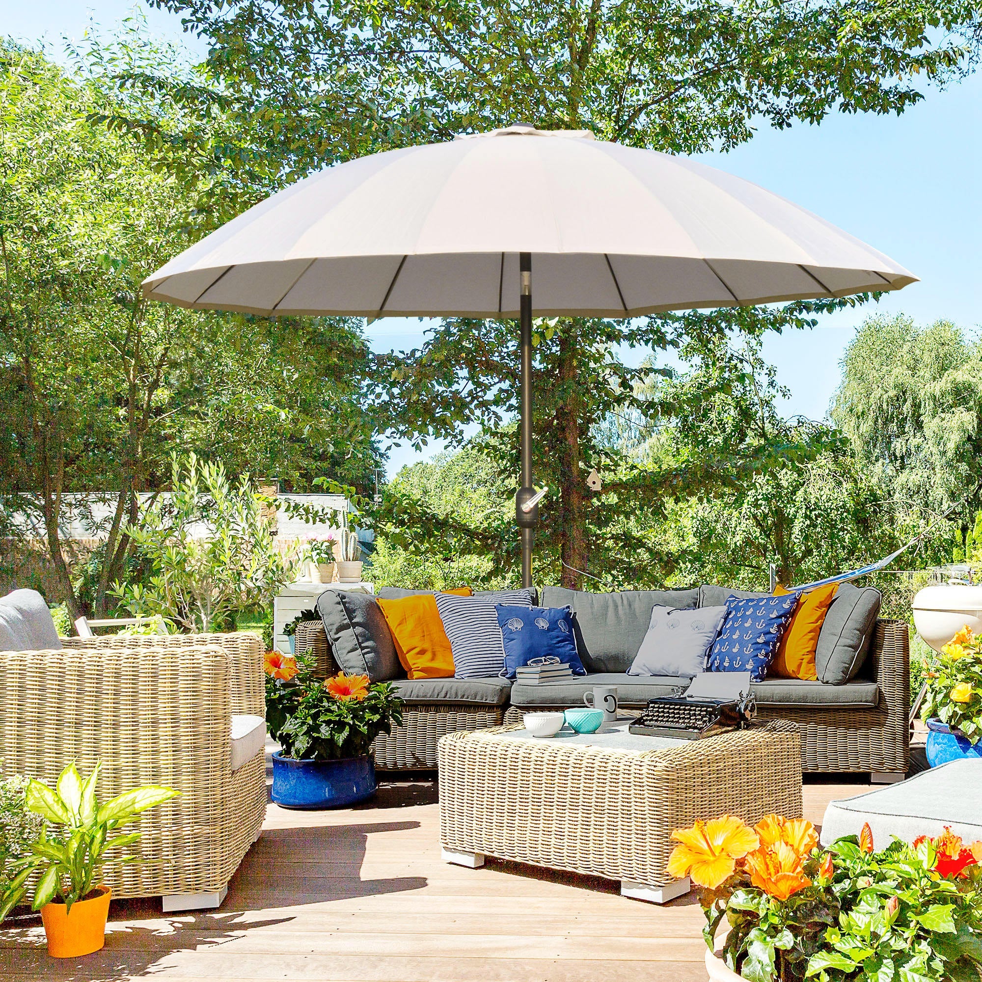 Outsunny Waterproof 255cm Patio Parasol Umbrella Outdoor Market Table Parasol with Push Button Tilt Crank and Sturdy Ribs for Garden | Aosom UK