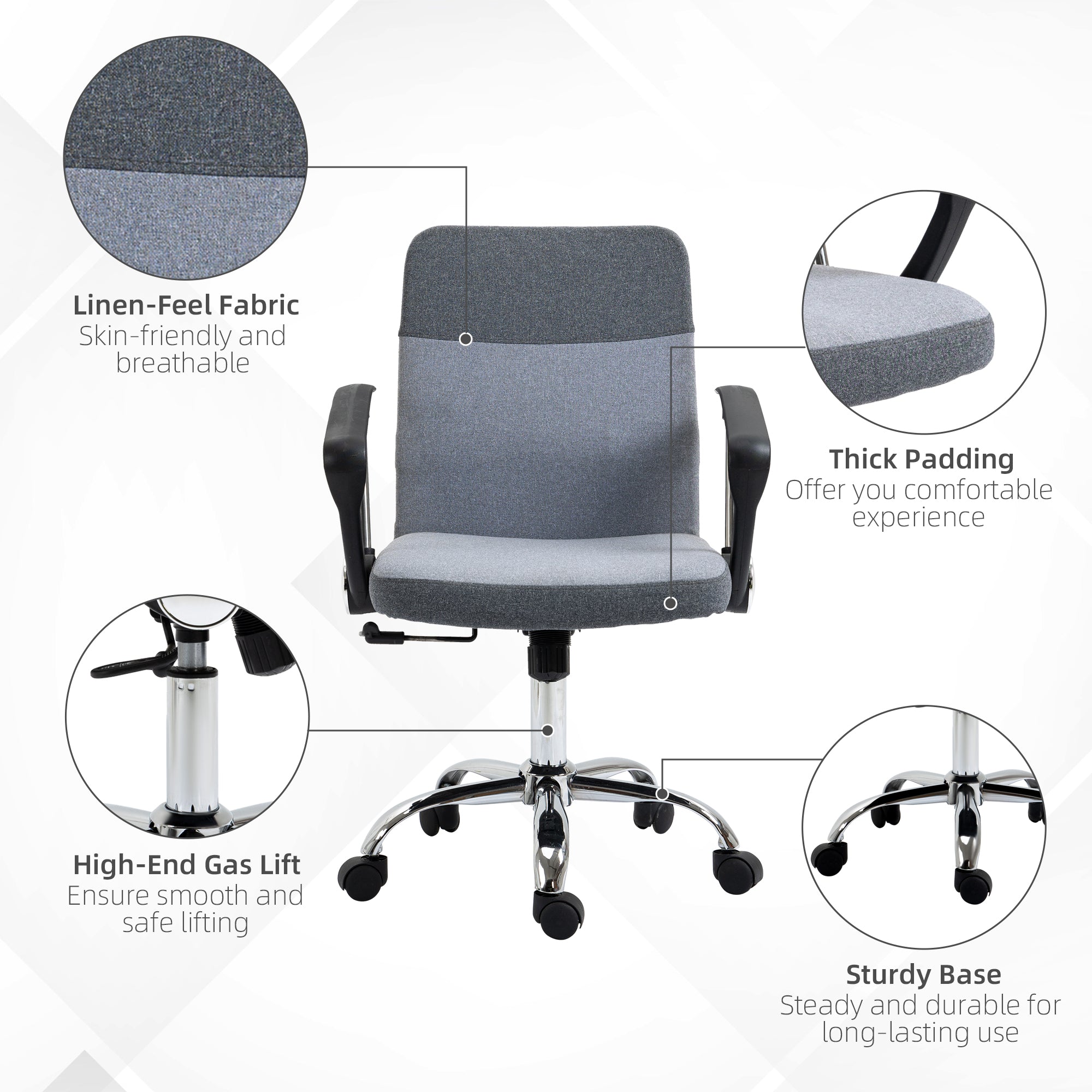 Kozy Office Chair Linen Fabric Swivel Computer Desk Chair Home Study Adjustable Chair with Wheels, Grey