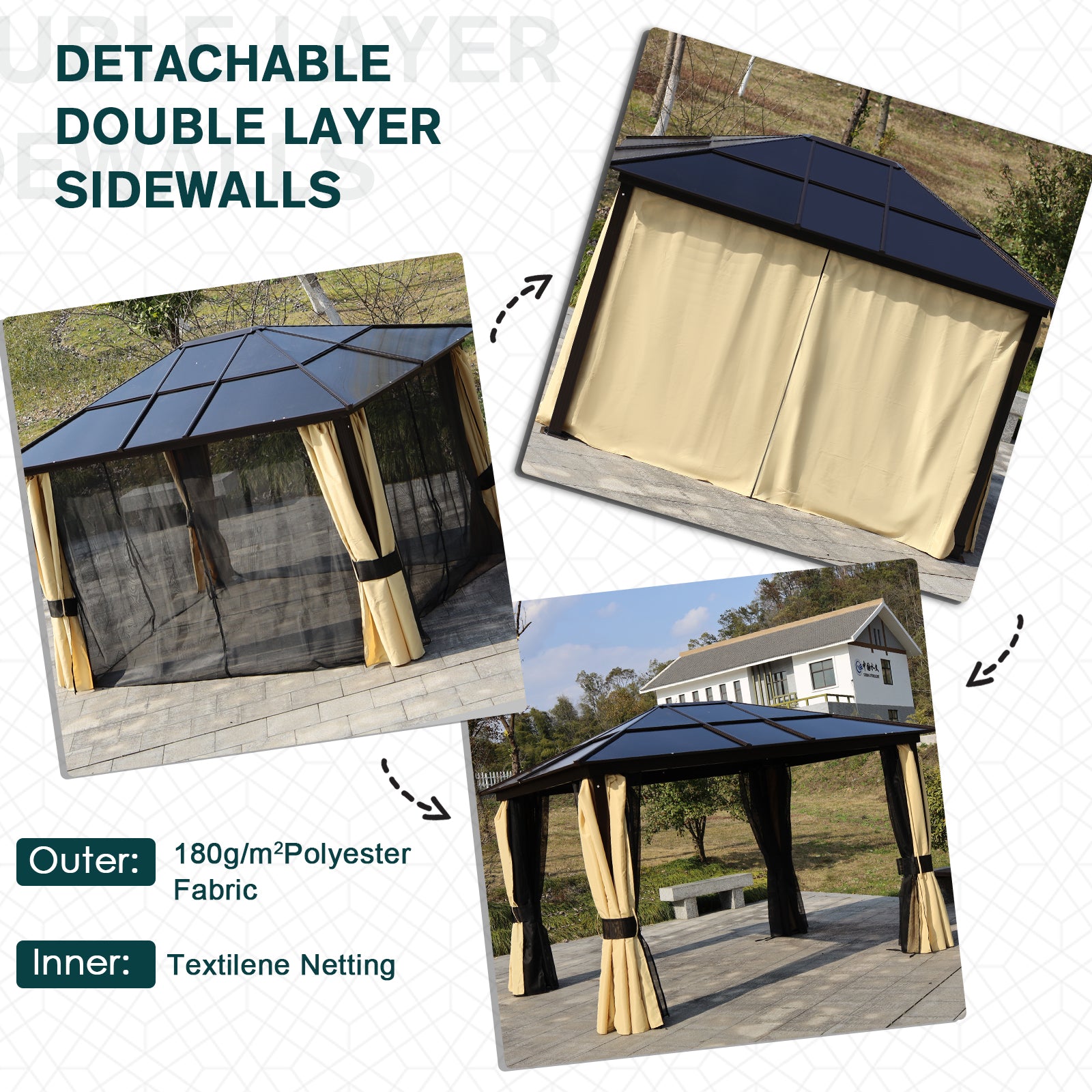 Outsunny 3.6 x 3(m) Polycarbonate Hardtop Gazebo with LED Solar Light and Aluminium Frame, Garden Pavilion with Mosquito Netting and Curtains