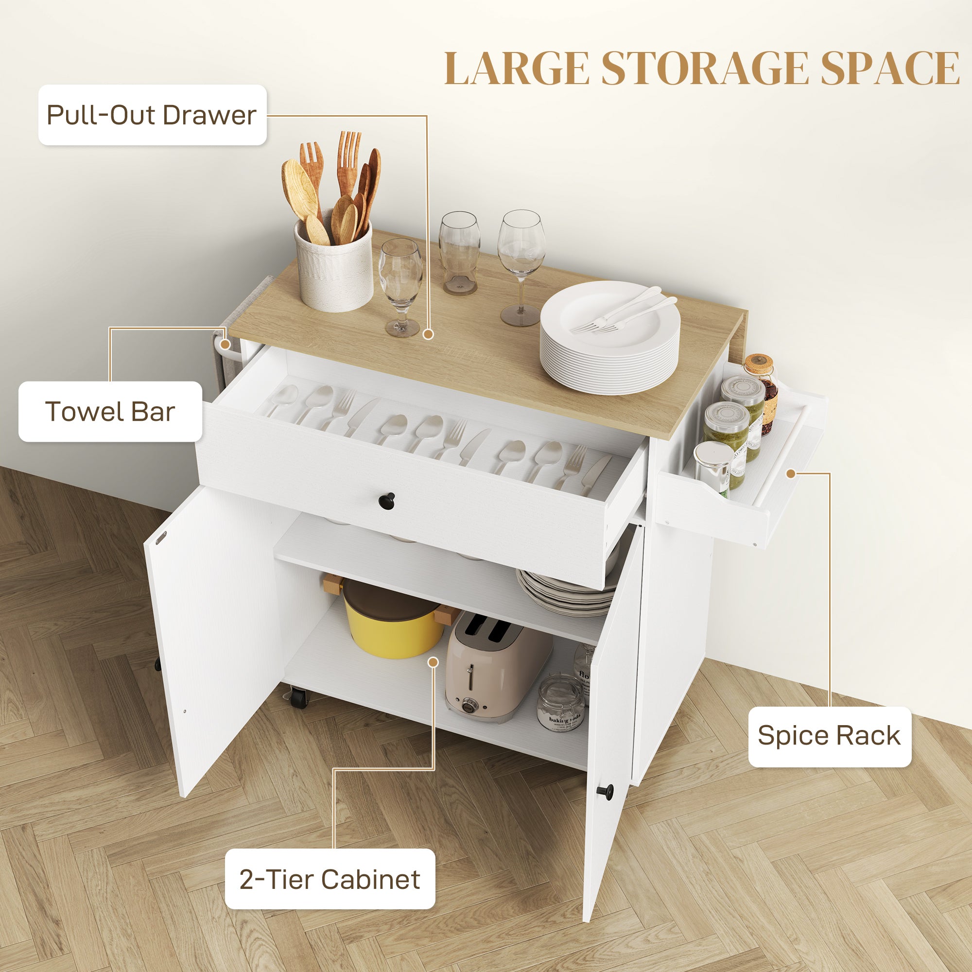 Kozy - Rolling Kitchen Island with Drop Leaf, Kitchen Storage Cart with Drawer, Spice Rack and Towel Rack, White