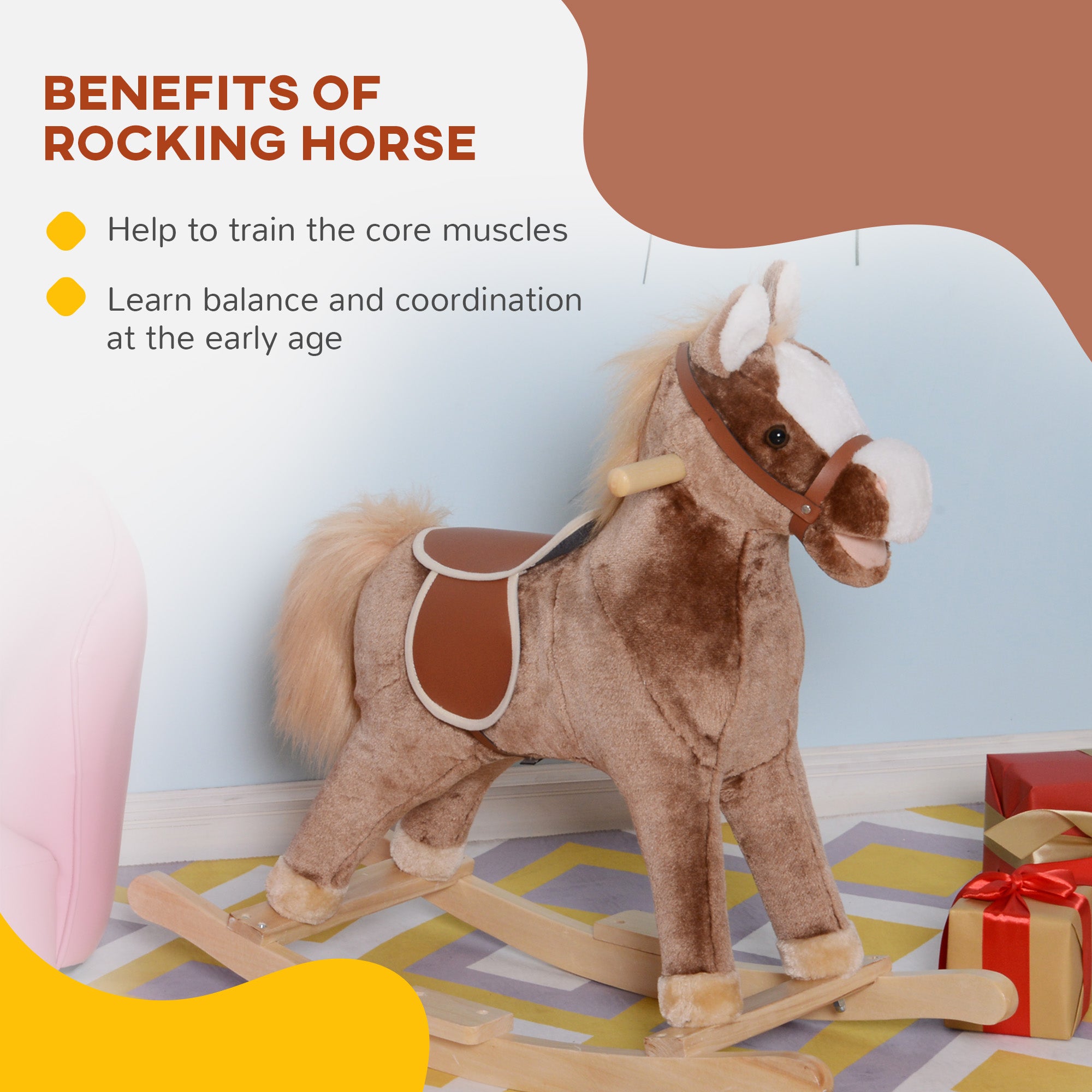 HOMCOM Kids Plush Rocking Horse, Soft Fabric, Traditional Toy with a Modern Twist, Rich Brown