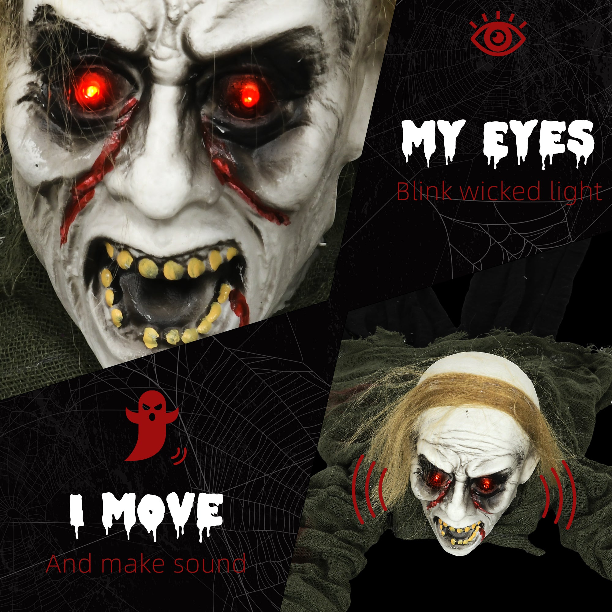 Kozy - 167 cm Outdoor Halloween Decoration Crawling Zombie, Animated Prop Decor with Sound Activated, Light Up Eyes