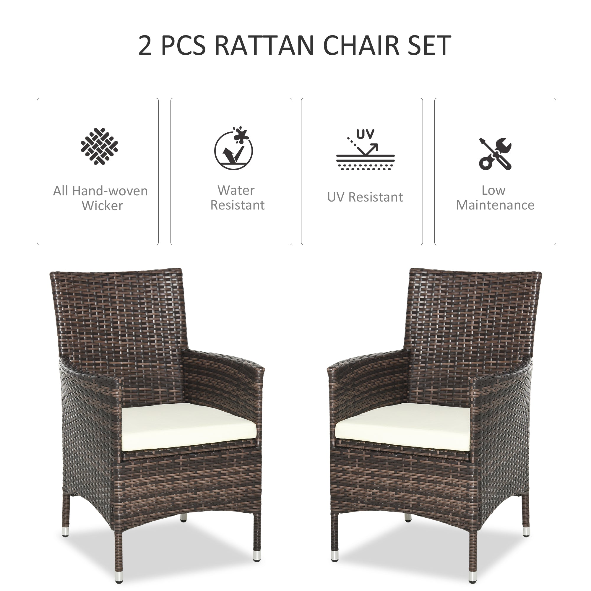 Kozy 2 Pieces Outdoor PE Rattan Dining Chairs Set with Cushion, Garden Armchair with Armrests, High Backrest, Metal Frame Patio Wicker Furniture, Grey