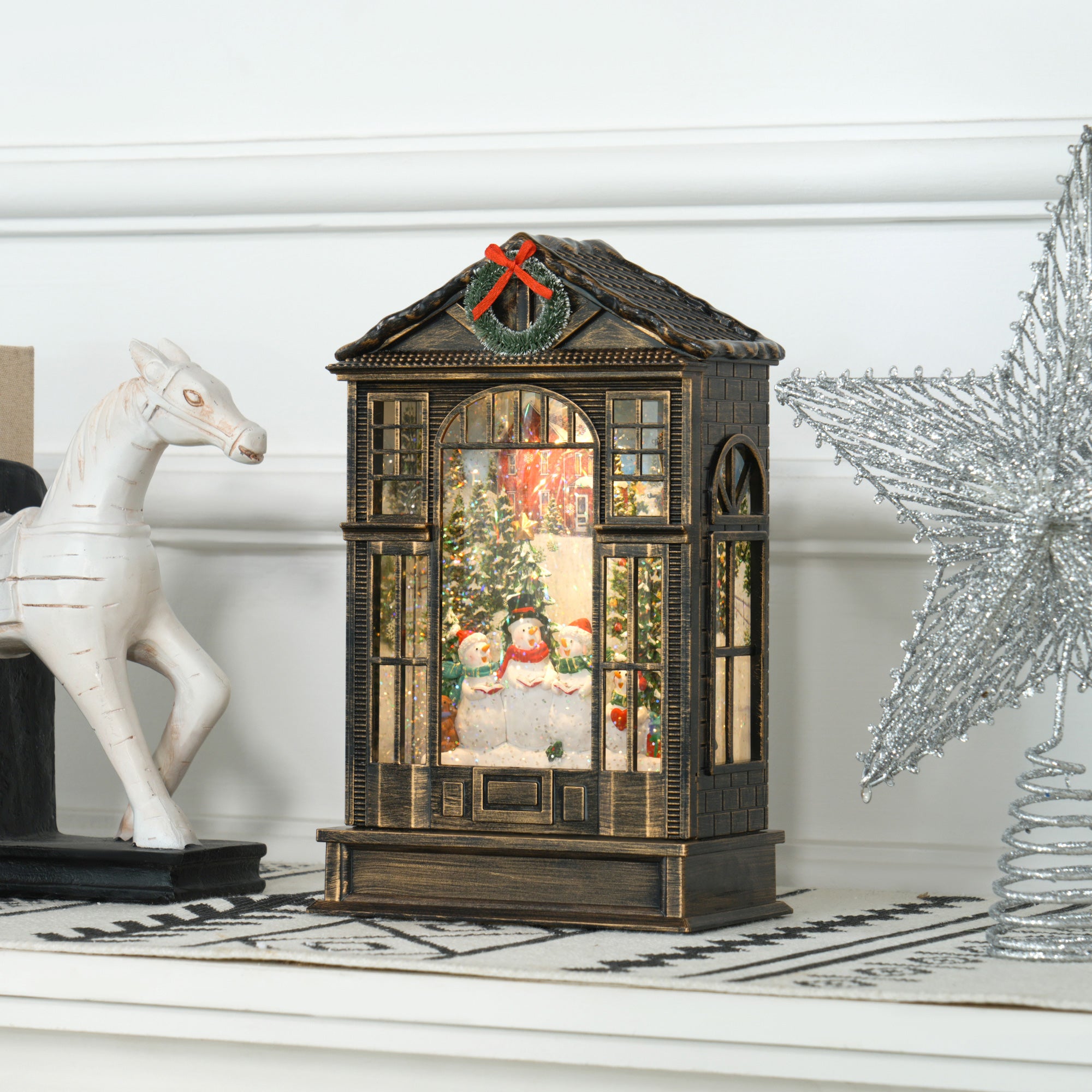 Kozy - Christmas Snow Globe Lantern with Lights, Musical Snow Globe with Swirling Glitter, Battery Operated Musical Christmas Decoration for Holiday Party Gift, Bronze Tone
