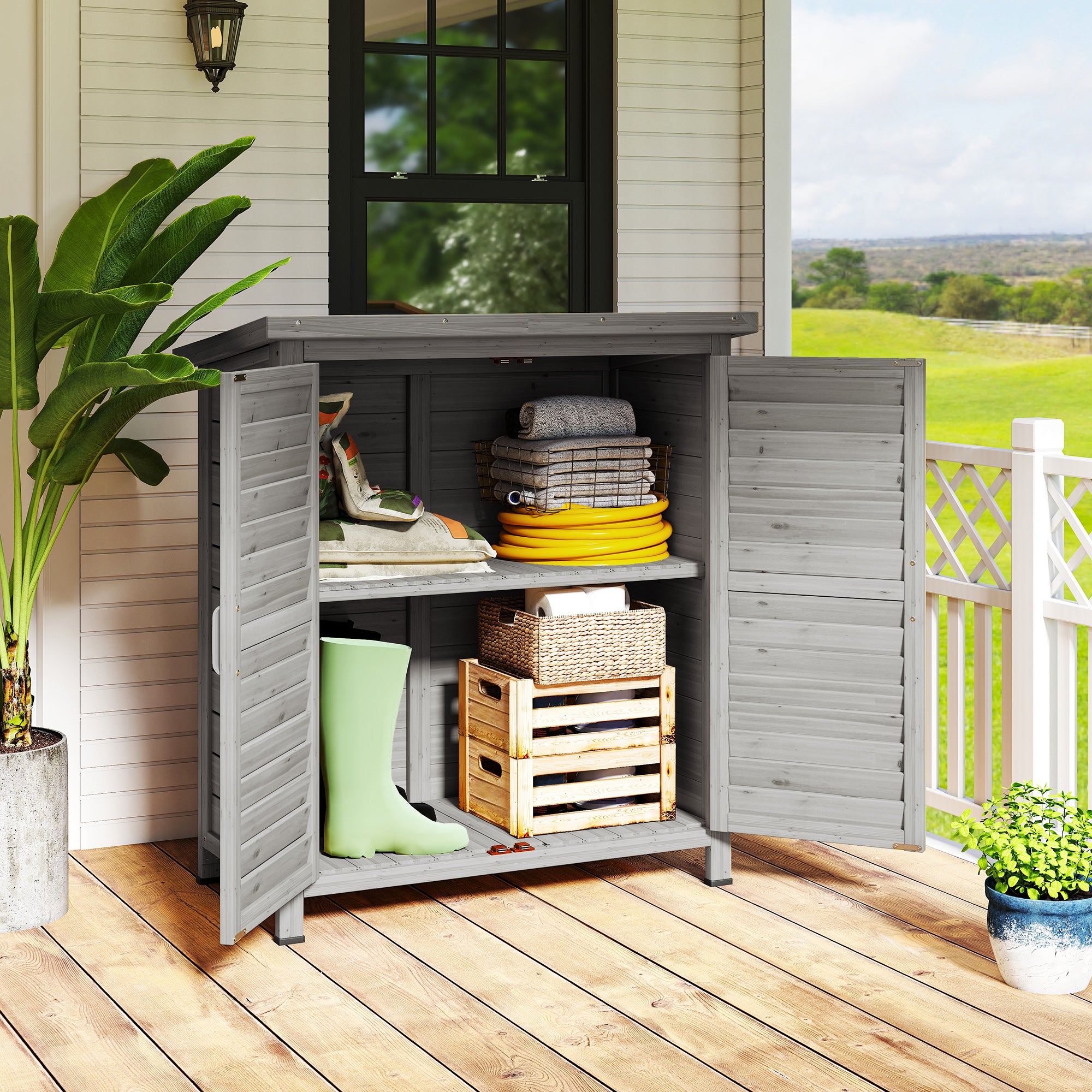 Kozy Garden Shed Wooden Garden Storage Shed 2 Door Unit Solid Fir Wood Garage Tool Organisation Cabinet, 87L x 46.5W x 96.5Hcm, Grey