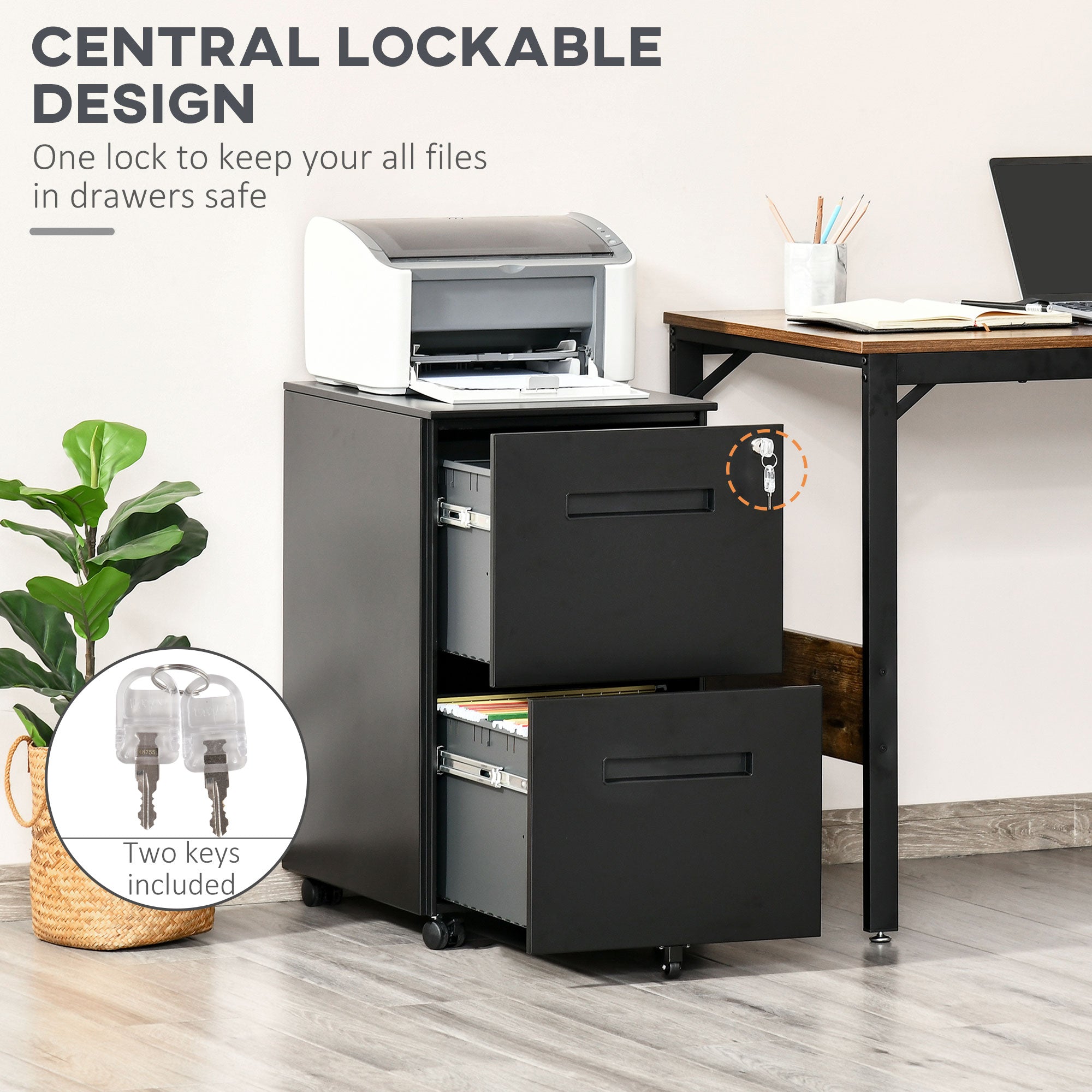 Kozy Metal Mobile File Cabinet with Wheels, Lockable 2 Drawer Filing Cabinet for A4, Legal, Letter, Compact Under Desk Storage Unit with Pre-Assembled Body for Home Office, 39 x 48 x 67cm, Black