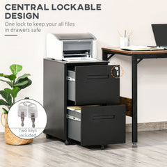 Kozy Metal Mobile File Cabinet with Wheels, Lockable 2 Drawer Filing Cabinet for A4, Legal, Letter, Compact Under Desk Storage Unit with Pre-Assembled Body for Home Office, 39 x 48 x 67cm, Black