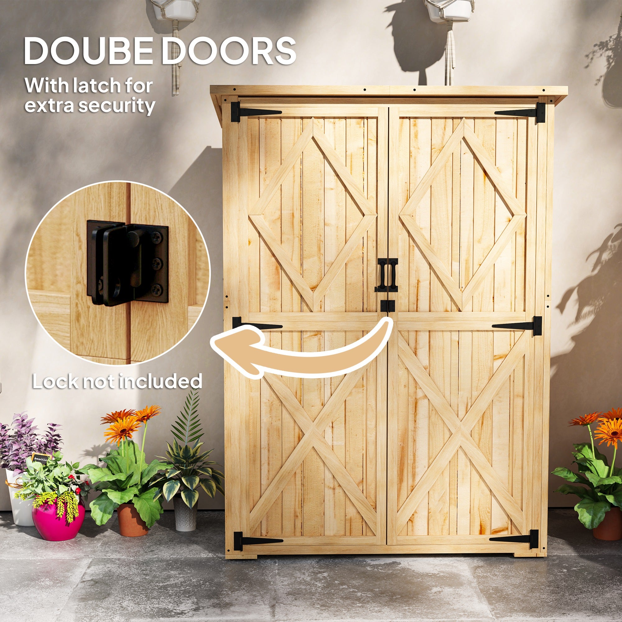 Kozy - Wooden Garden Storage Shed, Tool Storage Cabinet with Asphalt Roof and 2 Shelves for Garden Tools, Equipment, Outdoor Tool Shed with Double Doors, Natural