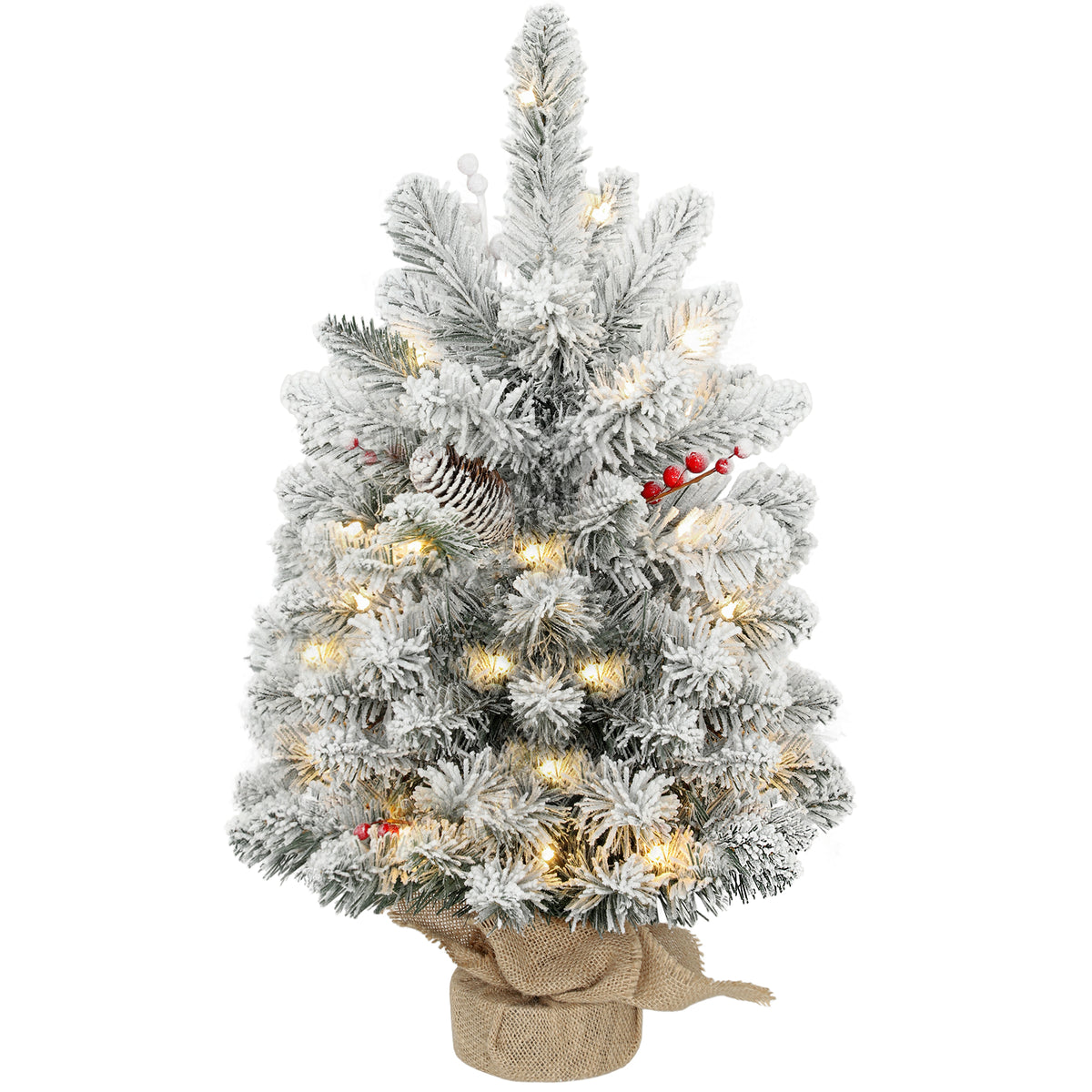 Kozy - 60 cm Prelit Small Christmas Tree with 35 LED Lights, Snow Flocked Tabletop Mini Xmas Tree with 72 Dense Branches, Pine Cones, Berry Clusters and Linen Cover Base, Battery Operated, Green