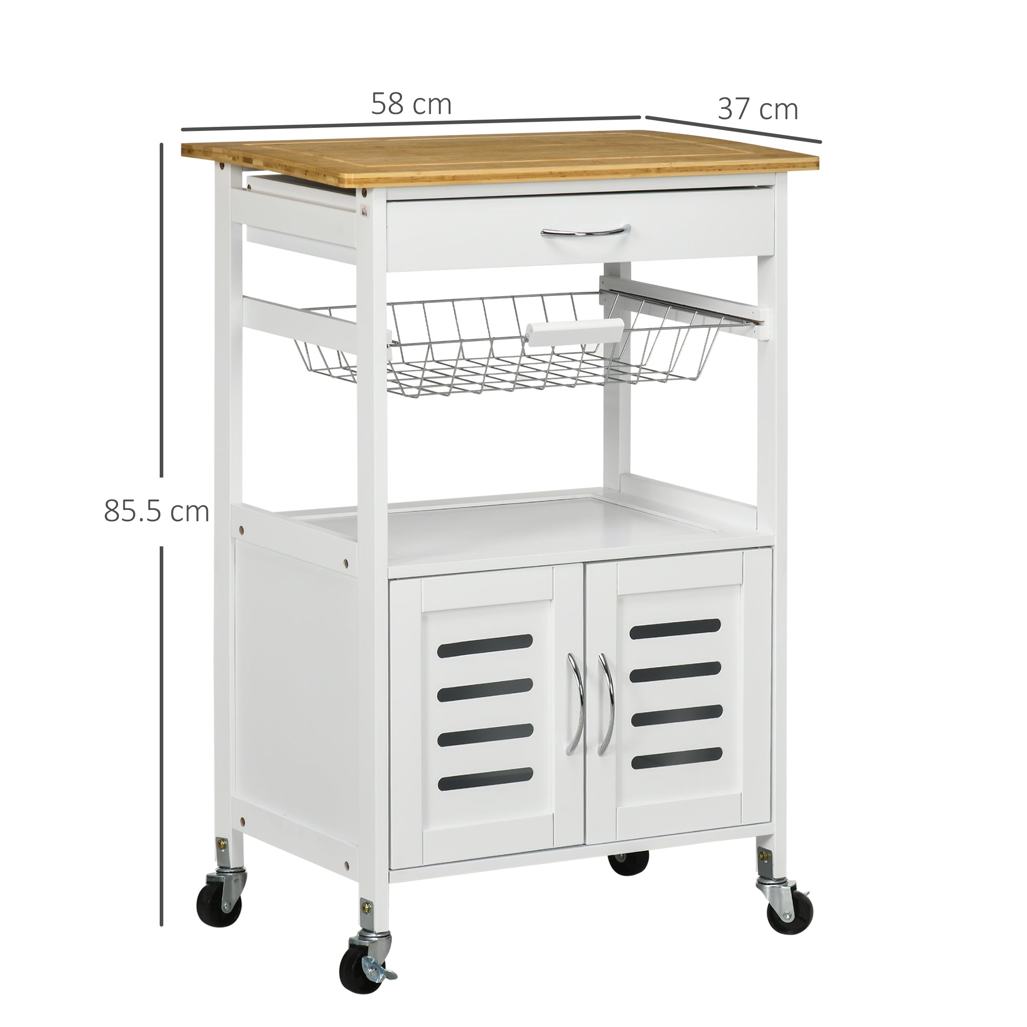Kozy Rolling Kitchen Island Trolley Utility Cart on Wheels with Bamboo Table Top, Storage Cabinet, Drawer and Wire Basket