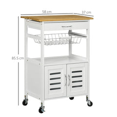 Kozy Rolling Kitchen Island Trolley Utility Cart on Wheels with Bamboo Table Top, Storage Cabinet, Drawer and Wire Basket