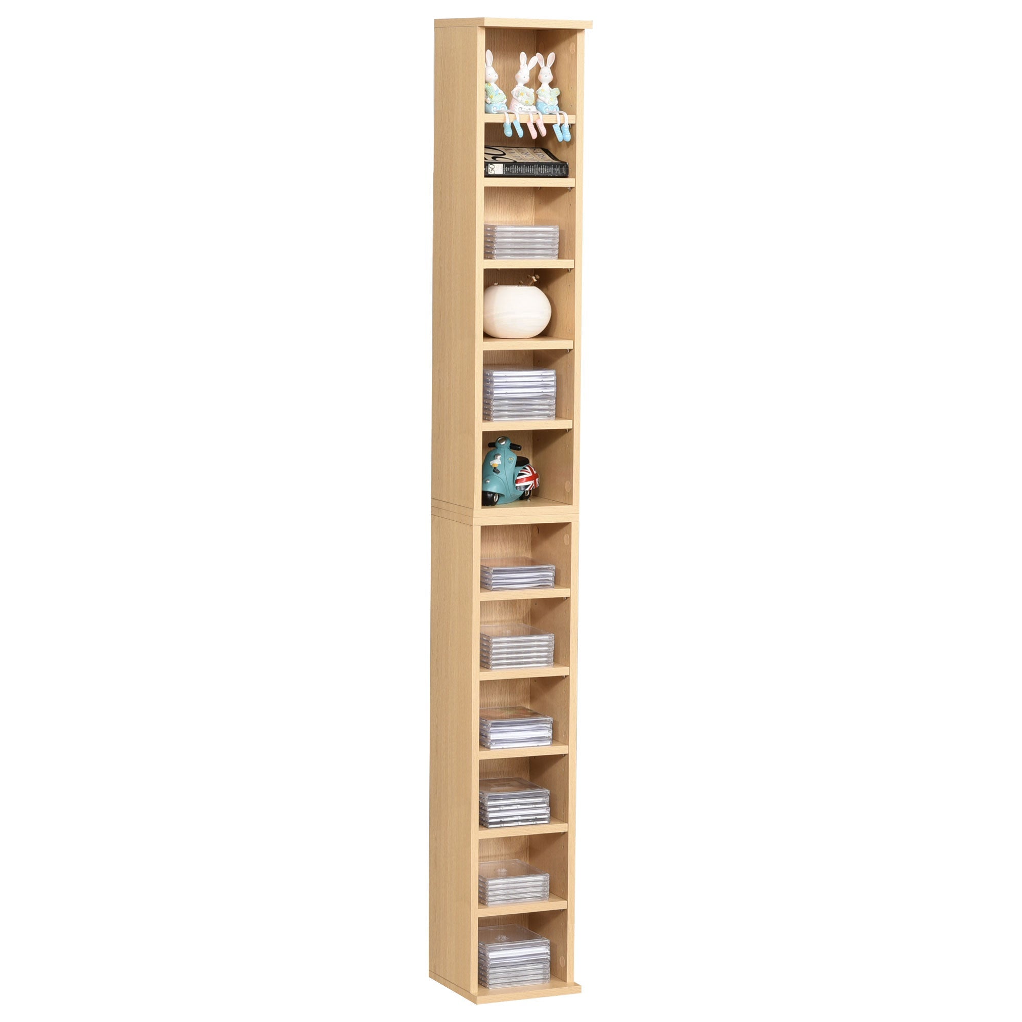 HOMCOM 204 CD Media Display Shelf Unit Set of 2 Blu-Ray DVD Tower Rack w/ Adjustable Shelves Bookcase Storage Organiser, Natural Wood Color