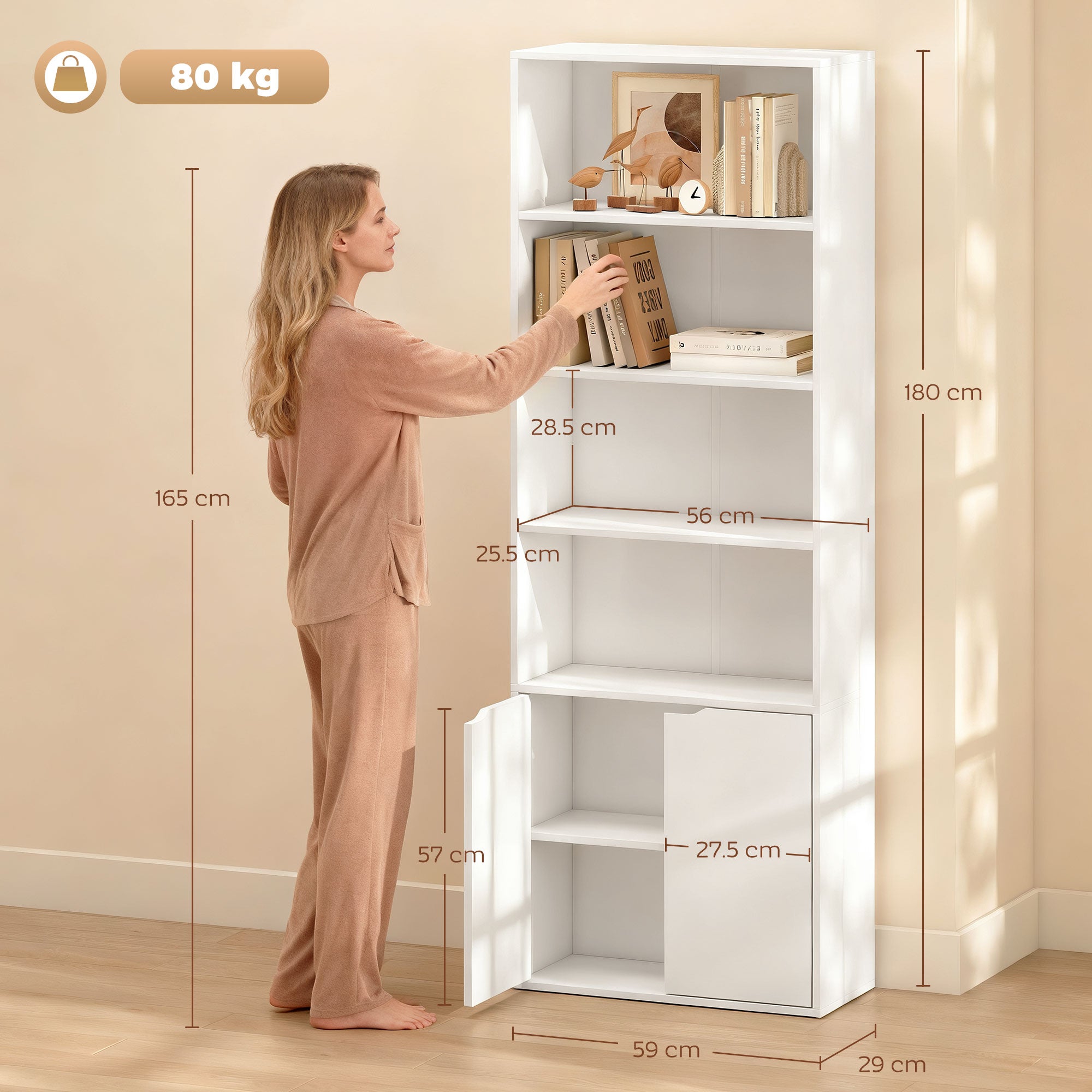 Kozy 6-Tier Tall Bookcase, Bookshelf with 4 Open Shelves and Double Door Storage Cabinet, Freestanding Display Rack for Living Room, Bedroom, Home Office, Study, 59 x 29 x 180cm, White