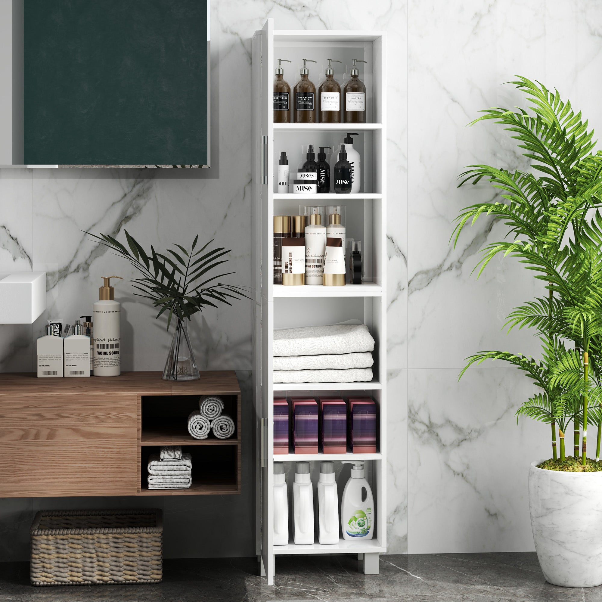 Kozy - Tall Bathroom Cabinet, Freestanding Bathroom Cabinet with Adjustable Shelves and Double Doors