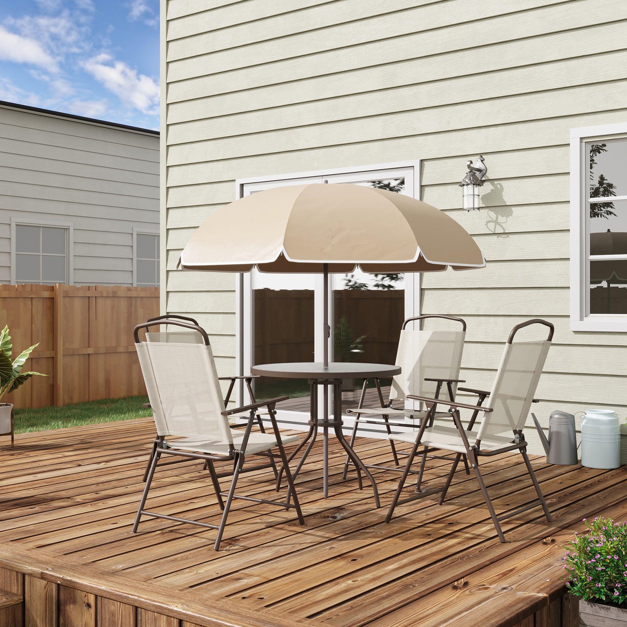Kozy Garden Patio Texteline Folding Chairs Plus Table and Parasol Furniture Bistro Set 6 Pieces - Coffee/Cream