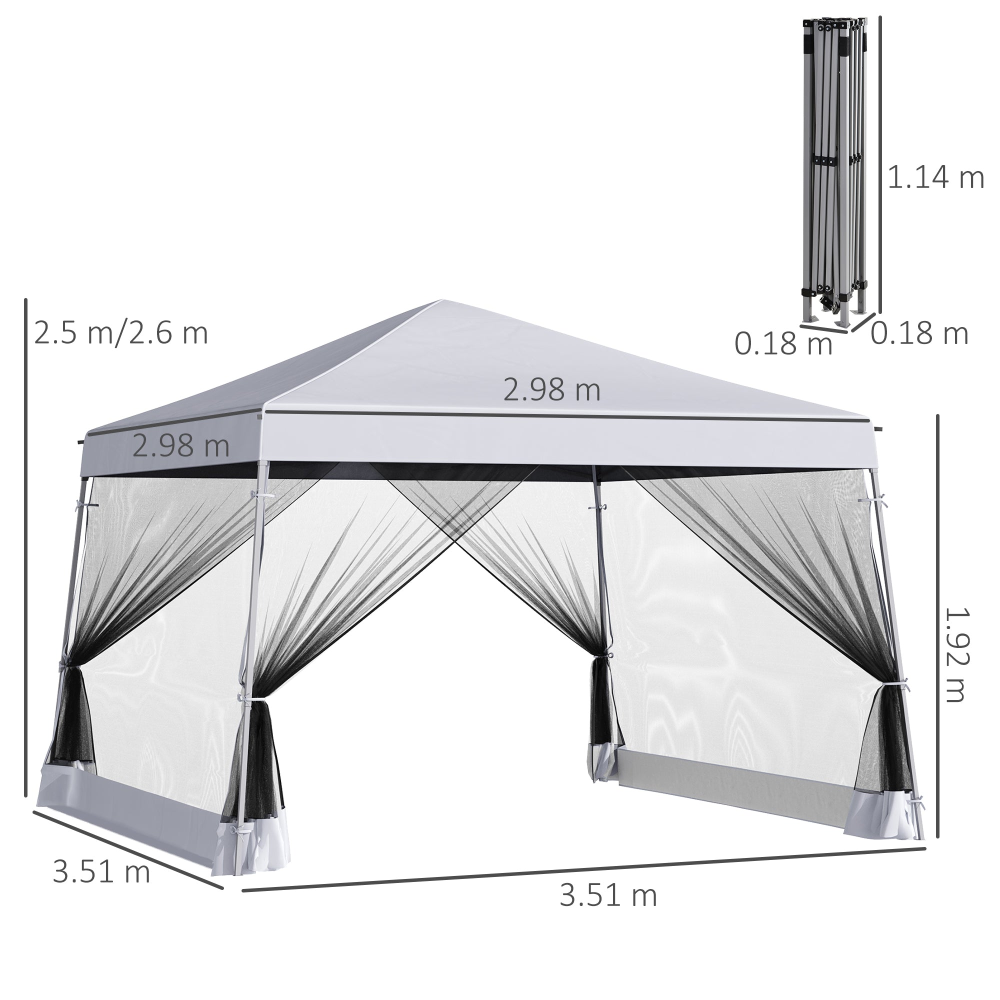 Kozy Outdoor Garden Pop-up Gazebo Canopy Tent Sun Shade Event Shelter Folding with Adjustable Height, Mesh Screen Side Walls 3.5 M × 3.5 M Base / 3 M × 3 M Top, White