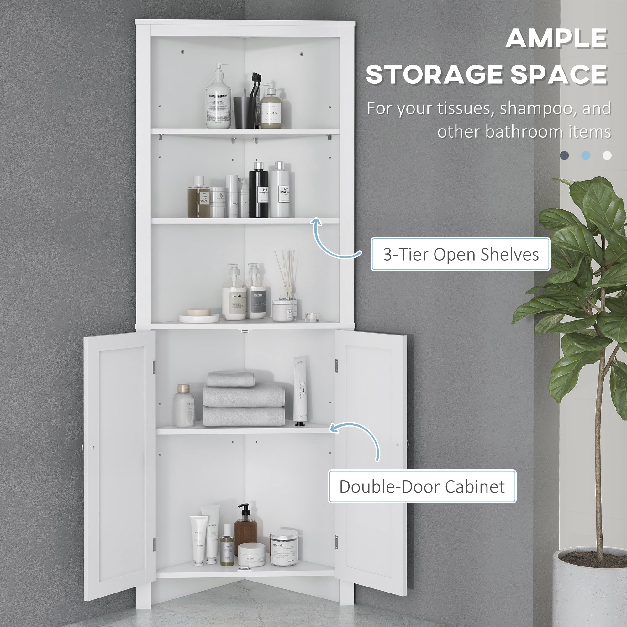 Kozy Triangle Bathroom Cabinet, Corner Bathroom Storage Unit with Cupboard and 3-Tier Shelves, Free Standing, White
