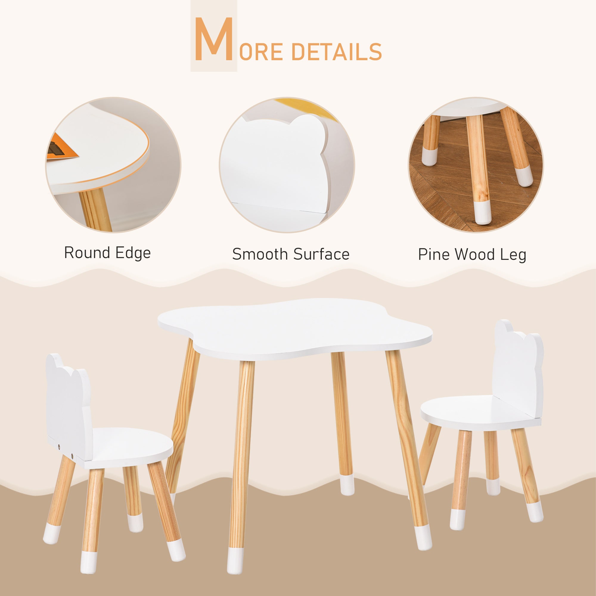 Kozy 3-Piece Kids Table and Chair Set with 2 Bear-Shaped Chairs, for Ages 1-4 Years, White