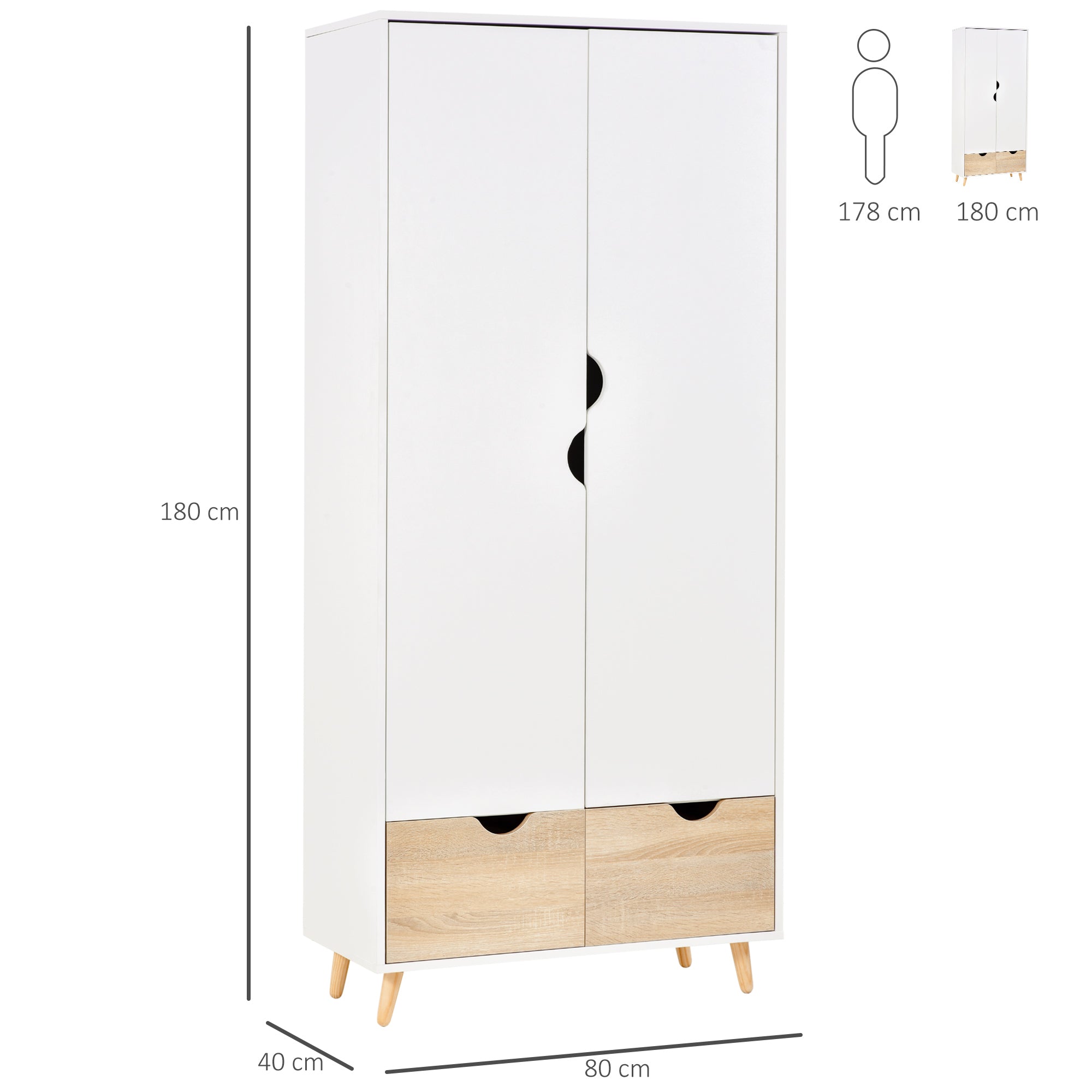 Kozy 2-Door Clothes Wardrobe w/ Rail Shelf 2 Drawers Wood Feet Elegant Home Storage Organisation Furniture Dresses Coats Blankets Shoes White