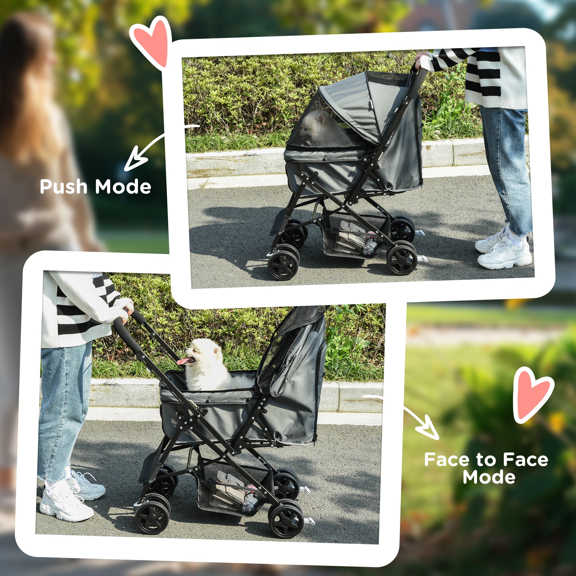 Kozy Pet Stroller Pushchair Foldable Travel Dog Cat Carriage w/ Reversible Handle Brake Basket
