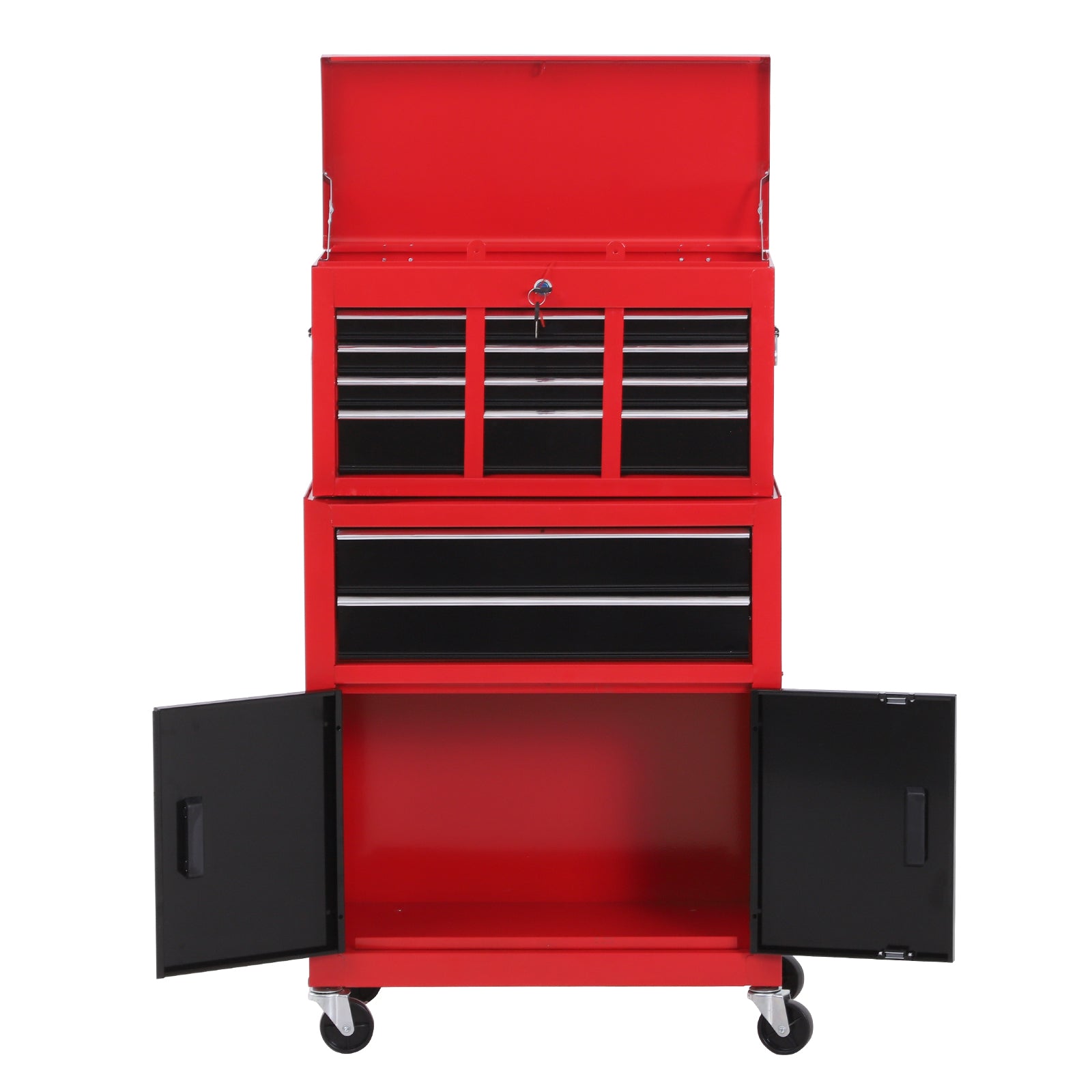 Kozy Tool Chest, Metal Tool Cabinet on Wheels with 6 Drawers, Pegboard, Top Chest and Roller Cabinet Combo, 61.6 x 33 x 108cm, Red and Black