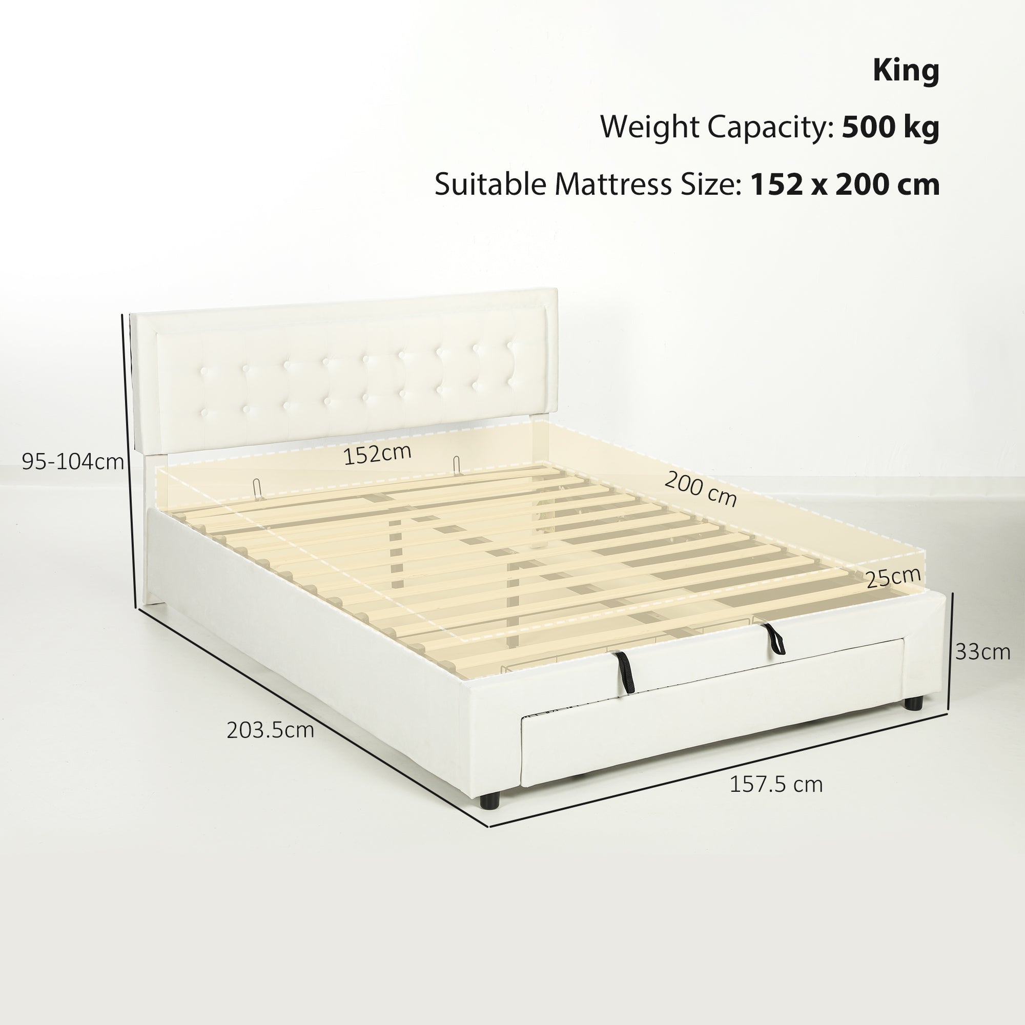 Kozy - King Size Ottoman Bed Frame, with Front Drawer - Cream