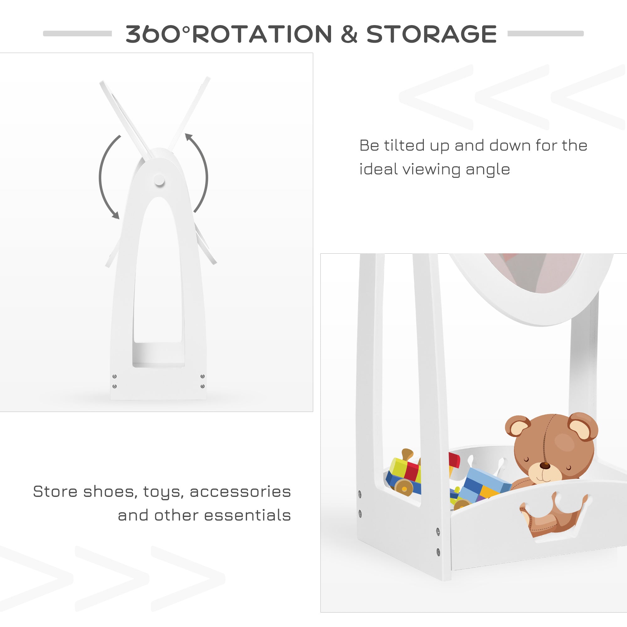 Kozy Kids Clothes Rail and Mirror Set 360° Rotation Free Standing Full Length Mirror and Hanging Rack with Storage Shelves Child's Dressing Mirror Garment Wardrobe White