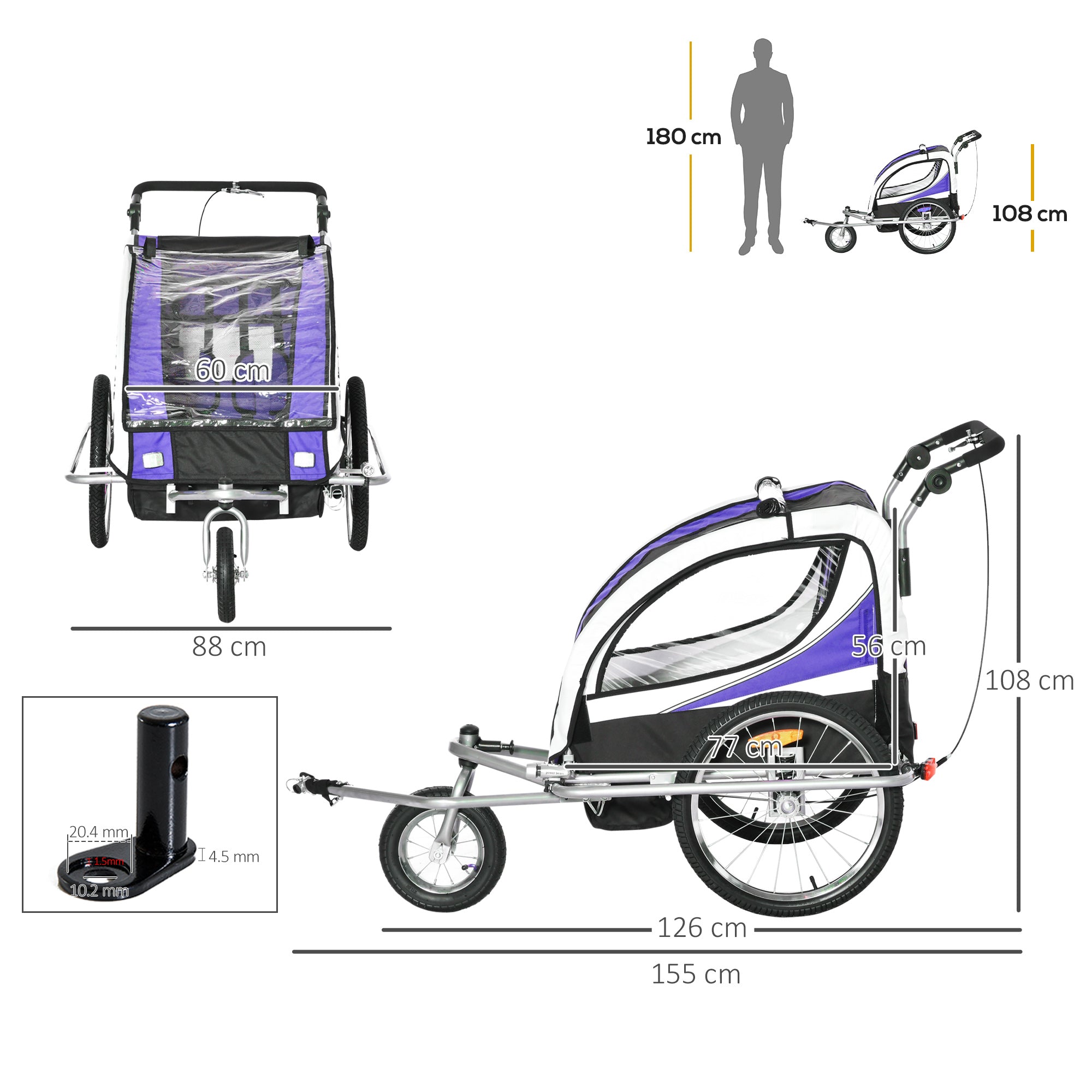 HOMCOM Child Bike Trailer Baby Bicycle Trailer 360° Rotatable for 2 Kids with Steel Frame LED Purple