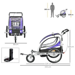 HOMCOM Child Bike Trailer Baby Bicycle Trailer 360° Rotatable for 2 Kids with Steel Frame LED Purple