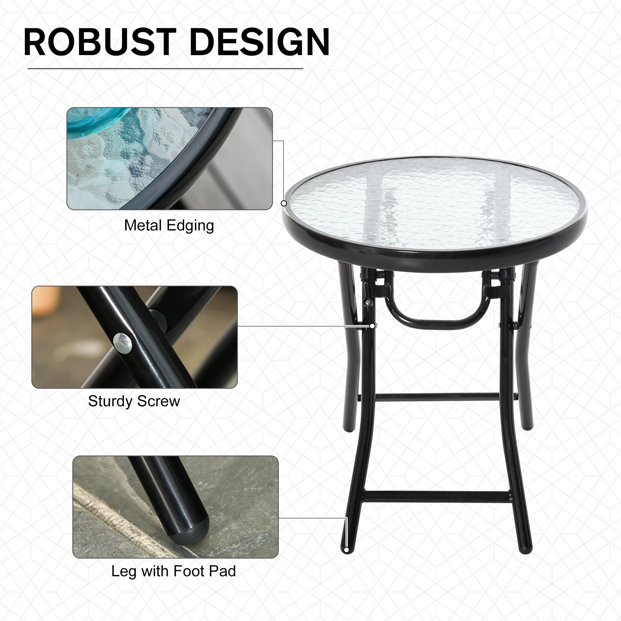 Kozy Foldable Garden Table, Round Folding Table with Glass Tabletop and Safety Buckle for Patio, Garden, Outdoor, Indoor, Black