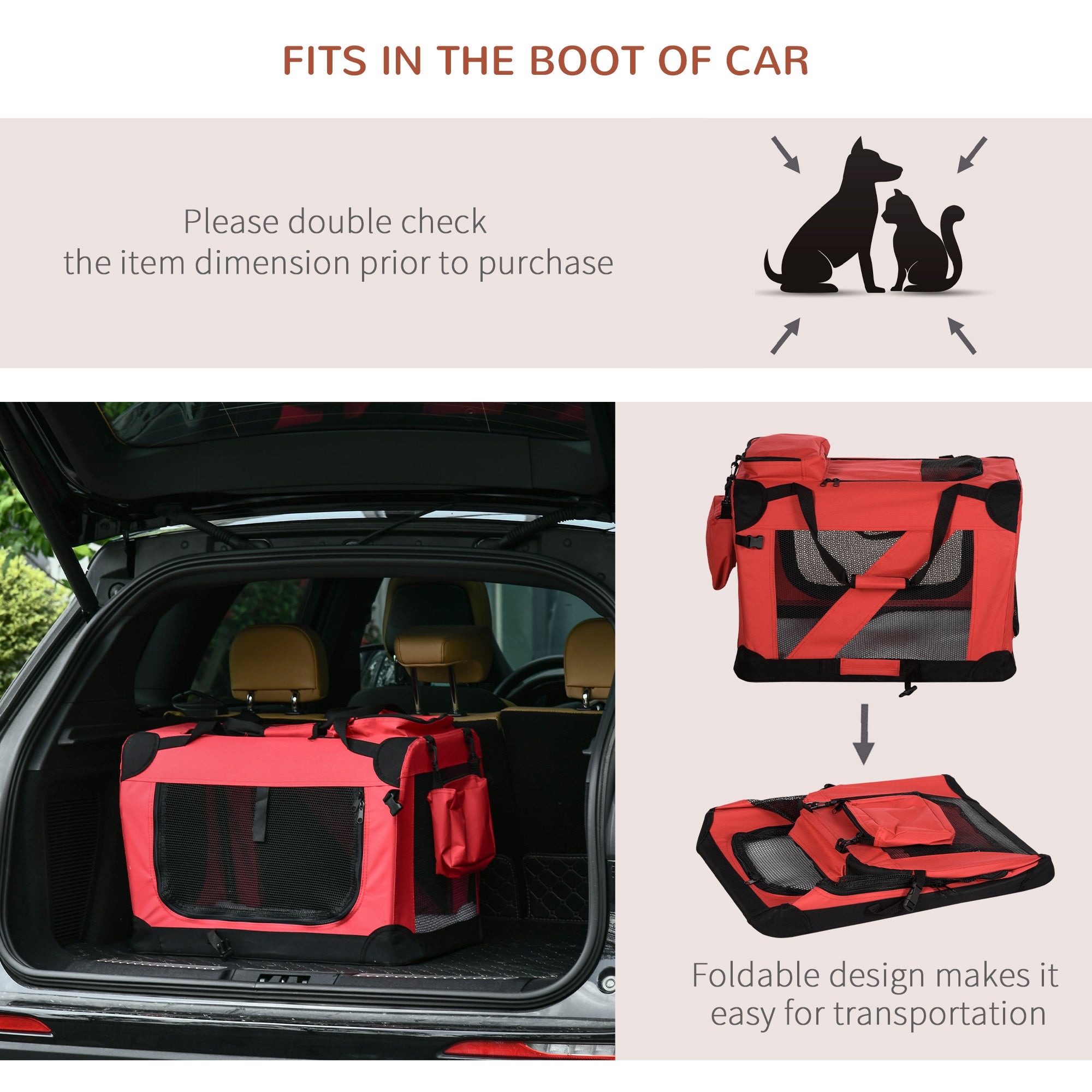 Kozy Foldable Pet Carrier for Small and Miniature Dogs, Portable Cat Carrier Soft Side Pet Travel Crate with Removable Mat, Storage Bags, Breathable Mesh Window 60 x 42 x 42cm - Red