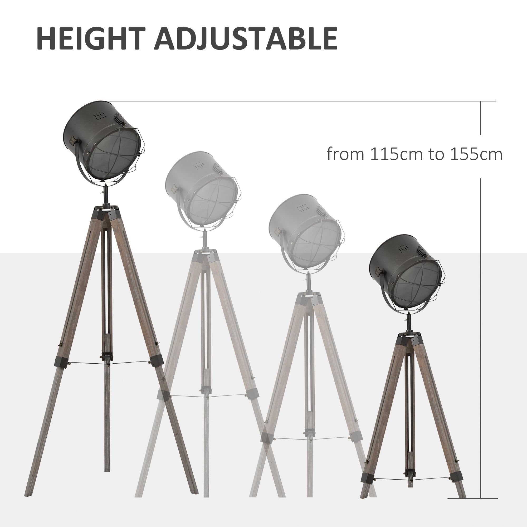 Kozy Floor Lamp with Adjustable Tripod for Living Room Bedroom, Vintage Spotlight Reading Lamp with Wood Legs, 115-155cm, Grey