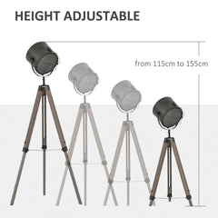 Kozy Floor Lamp with Adjustable Tripod for Living Room Bedroom, Vintage Spotlight Reading Lamp with Wood Legs, 115-155cm, Grey