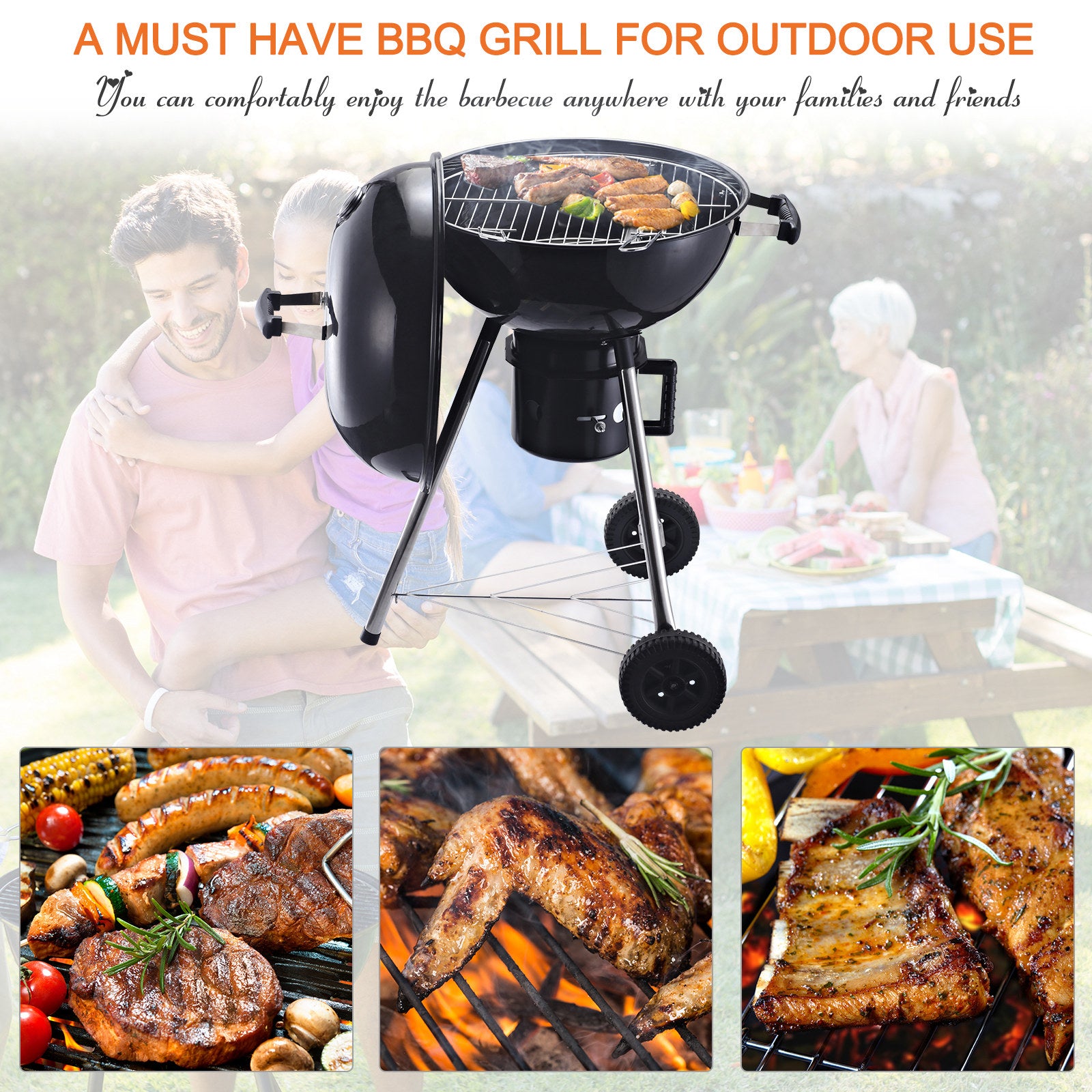 Outsunny Freestanding Charcoal Barbecue Grill Garden Portable BBQ Smoker w/ Wheels, Storage Shelves and On