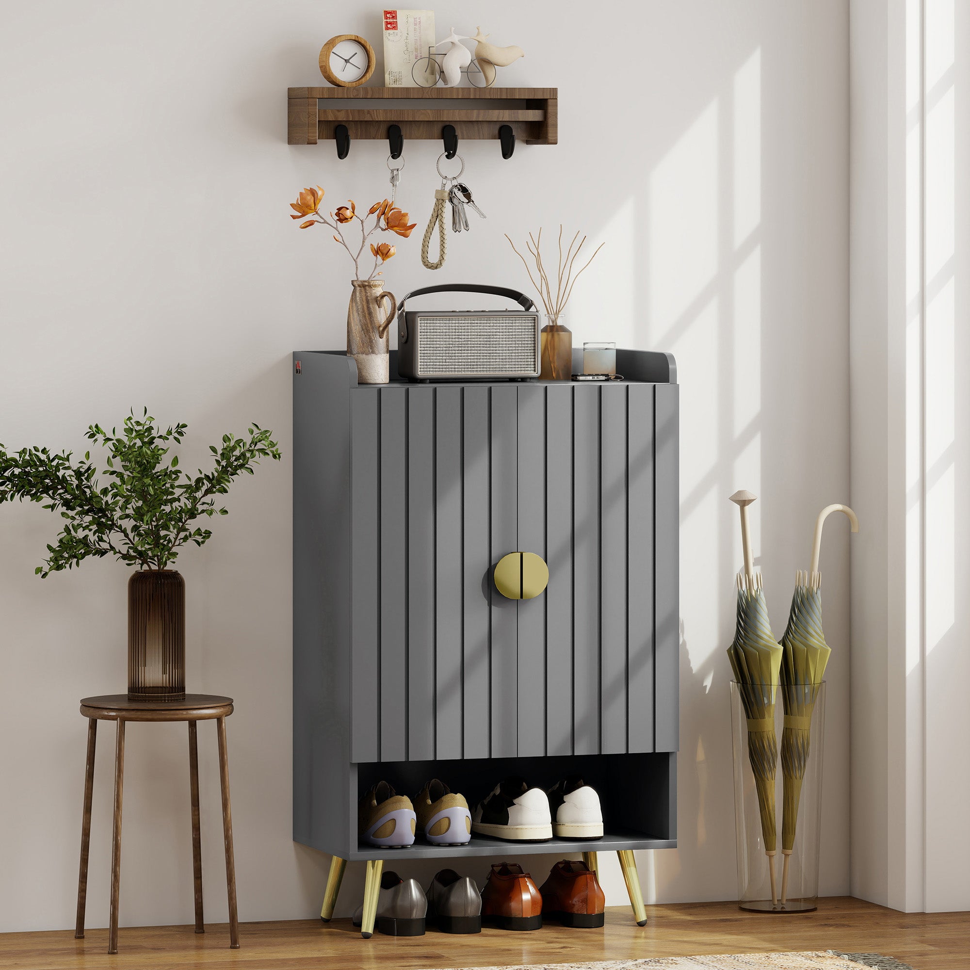 Kozy Modern Shoe Cabinet with 2 Doors, Open Shelf and Adjustable Shelves, 15 Pair Hallway Shoe Cupboard, Entryway Storage Unit, Grey