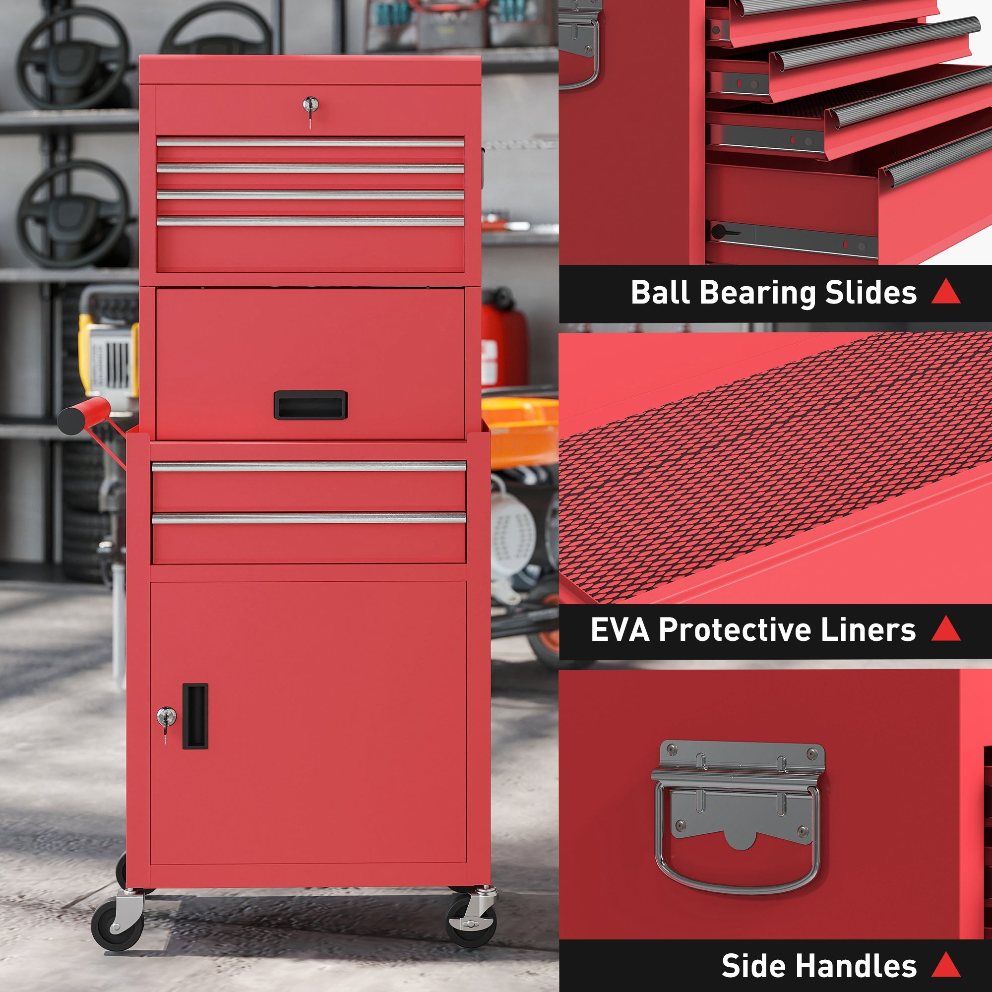 Kozy - Three-Part Steel Locking Tool Chest - Red