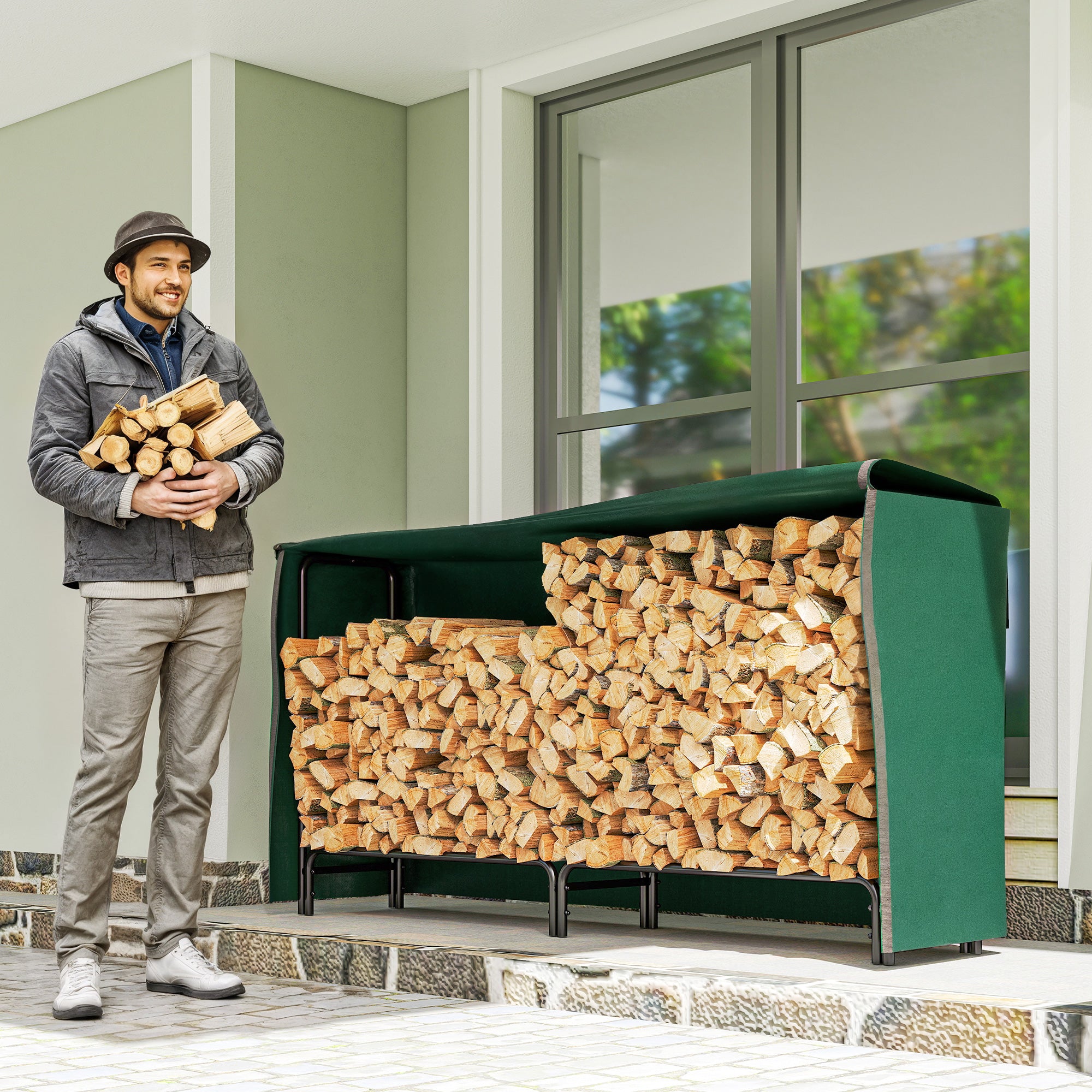 Kozy - Firewood Rack with Waterproof Cover, Heavy Duty Metal Log Store Indoors, Log Storage Holder for Outdoor Indoor Fireplace, 200 x 36 x 99 cm, Dark Green