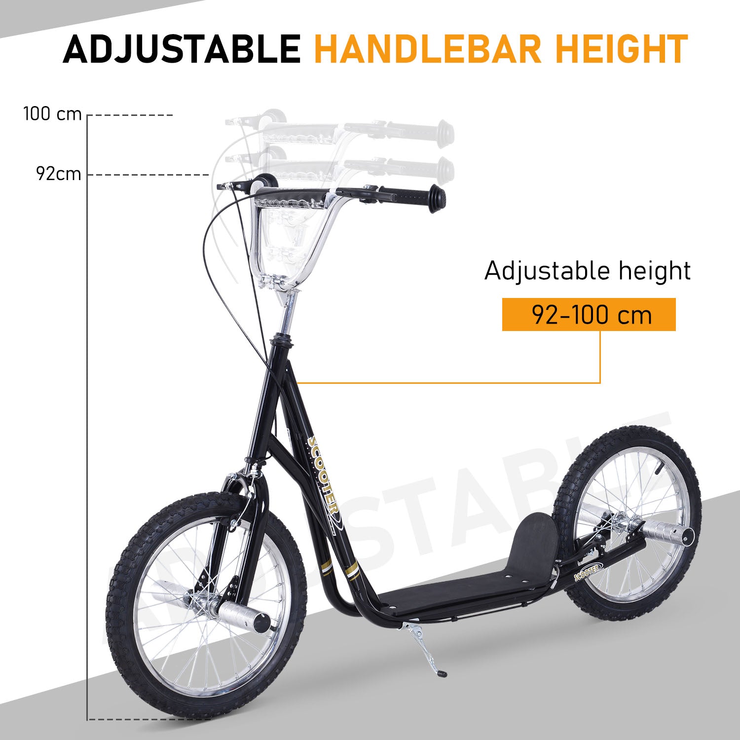 Kozy Stunt Scooter, Kids Scooter with 16" Big Wheels, Adjustable Height, Dual Brakes, for Ages 5+ Years, Black