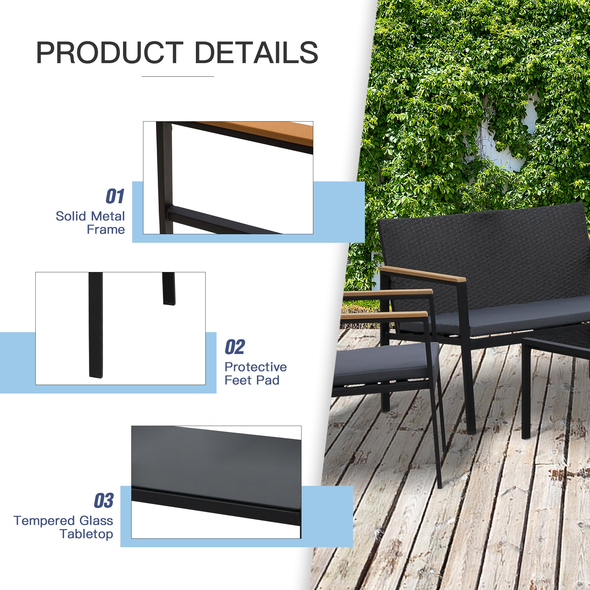 Kozy 4 Pieces Rattan Garden Furniture Set, 4 Seater Garden Sofa Set with Loveseat, 2 Armchairs and Glass Top Coffee Table, Wicker Outdoor Conservatory Furniture with Cushions for Patio, Black