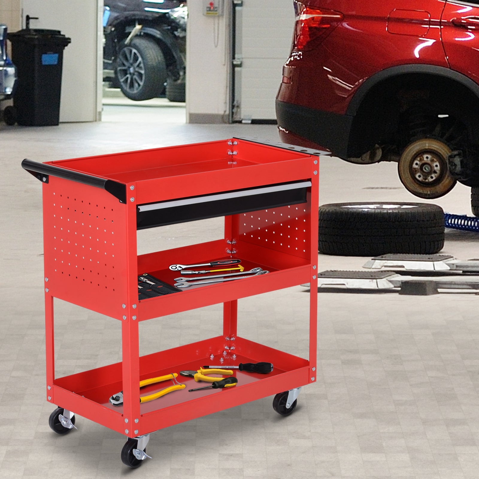 Kozy 3-Tier Tool Trolley Cart Storage Shelf Roller Cabinet DIY Box Garage Workshop with Drawer Red