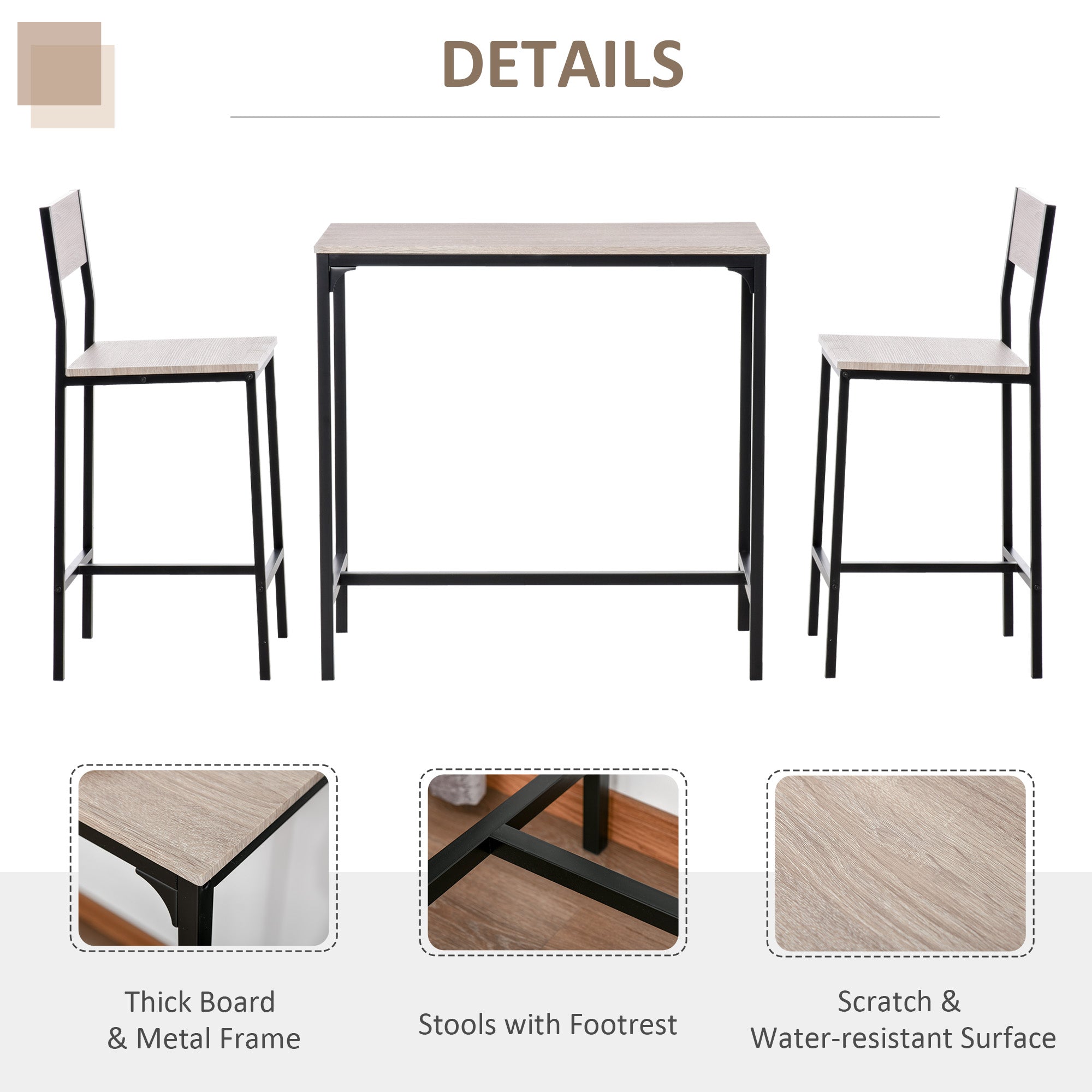 HOMCOM 3 Pcs Table Stool Set Industrial Design w/ Metal Frame Oak Tone MDF Panels Minimal Compact Beautiful