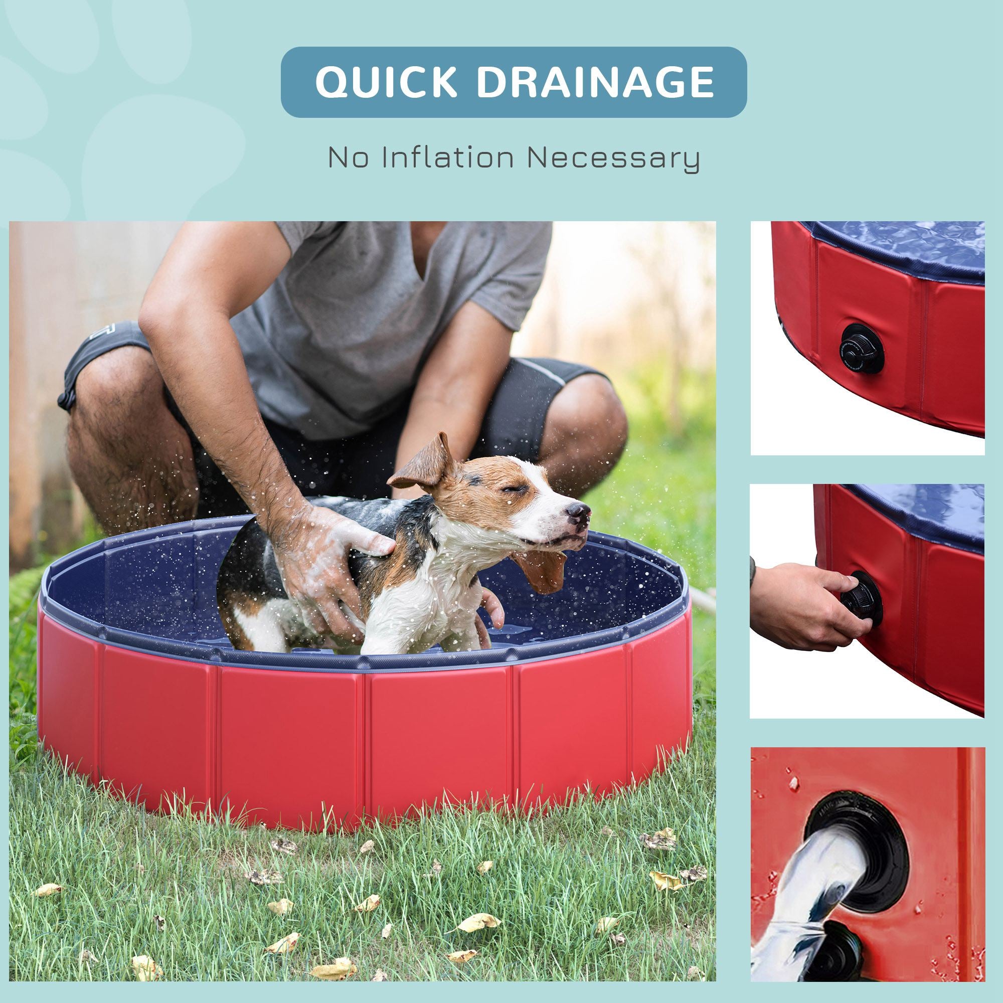 Kozy Foldable Dog Pool, 80 x 20 cm Pet Paddling Pool with Wood Board Support and Anti-Slip Bottom, Portable Doggy Paddling Pool for Garden and Outdoor Use, Red