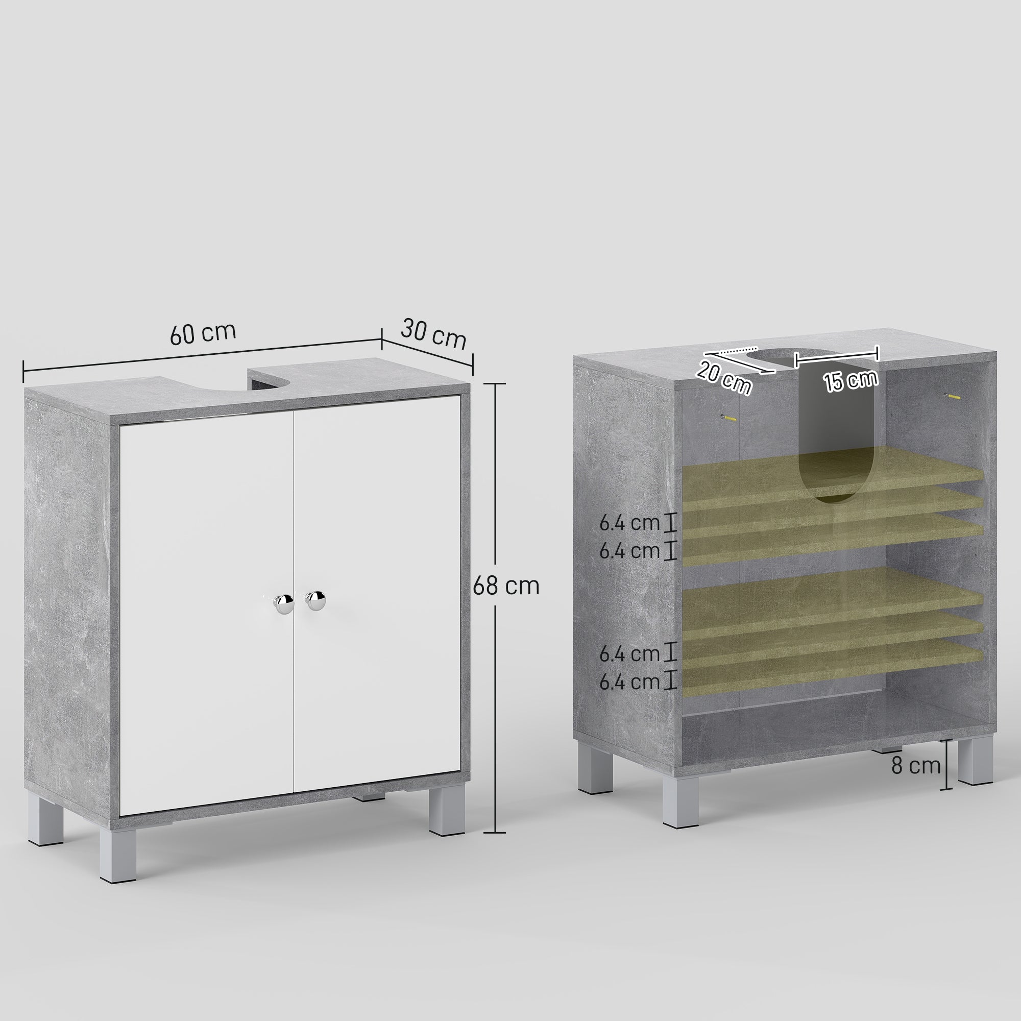 Kozy Under Sink Cabinet, Bathroom Vanity Unit, Storage Cupboard with Adjustable Shelves, White and Grey