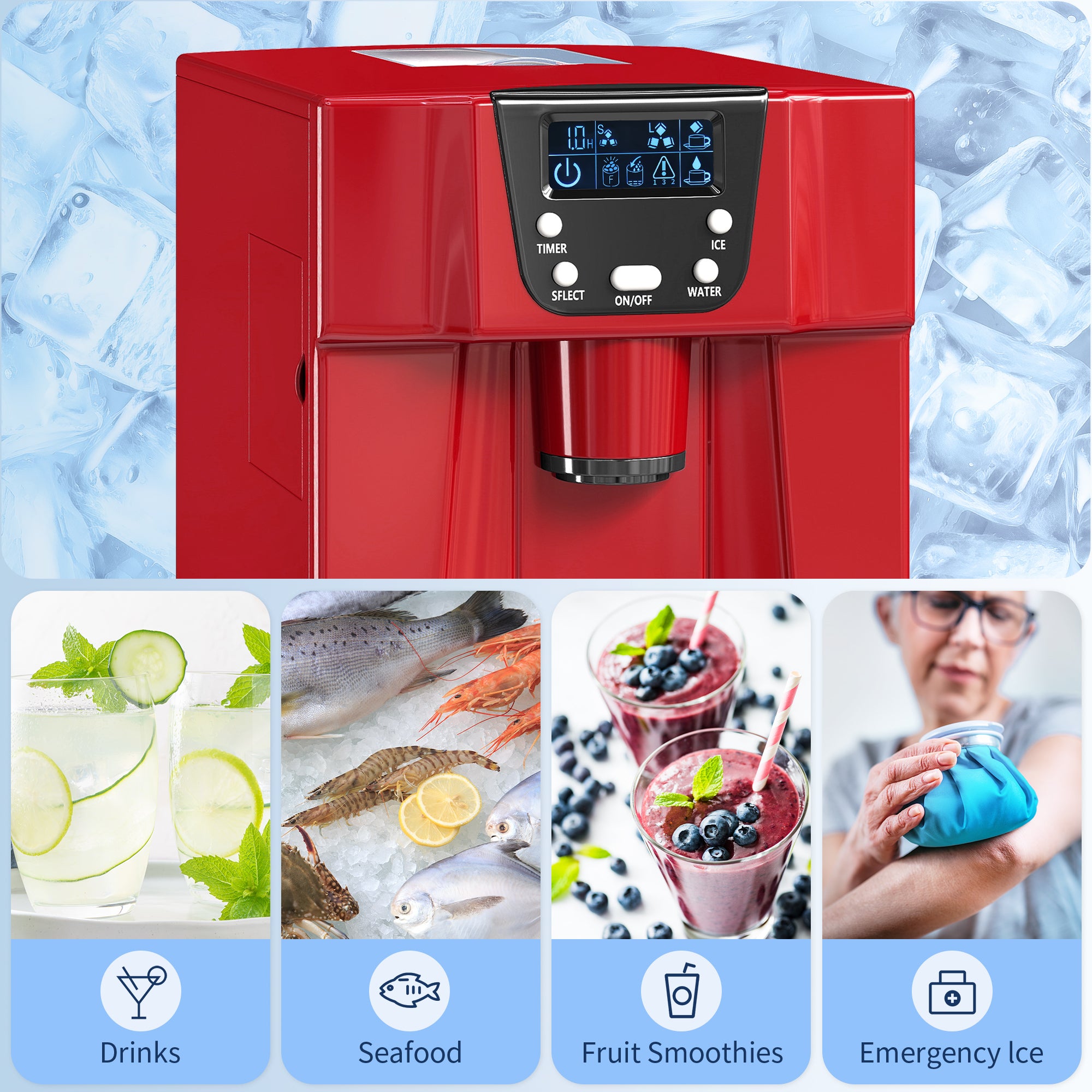 Kozy - 3L Ice Maker Machine and Water Dispenser, 12kg in 24H, 2 Sizes 9 Ice Cubes Ready in 6-10 Mins Ice Machine, Red